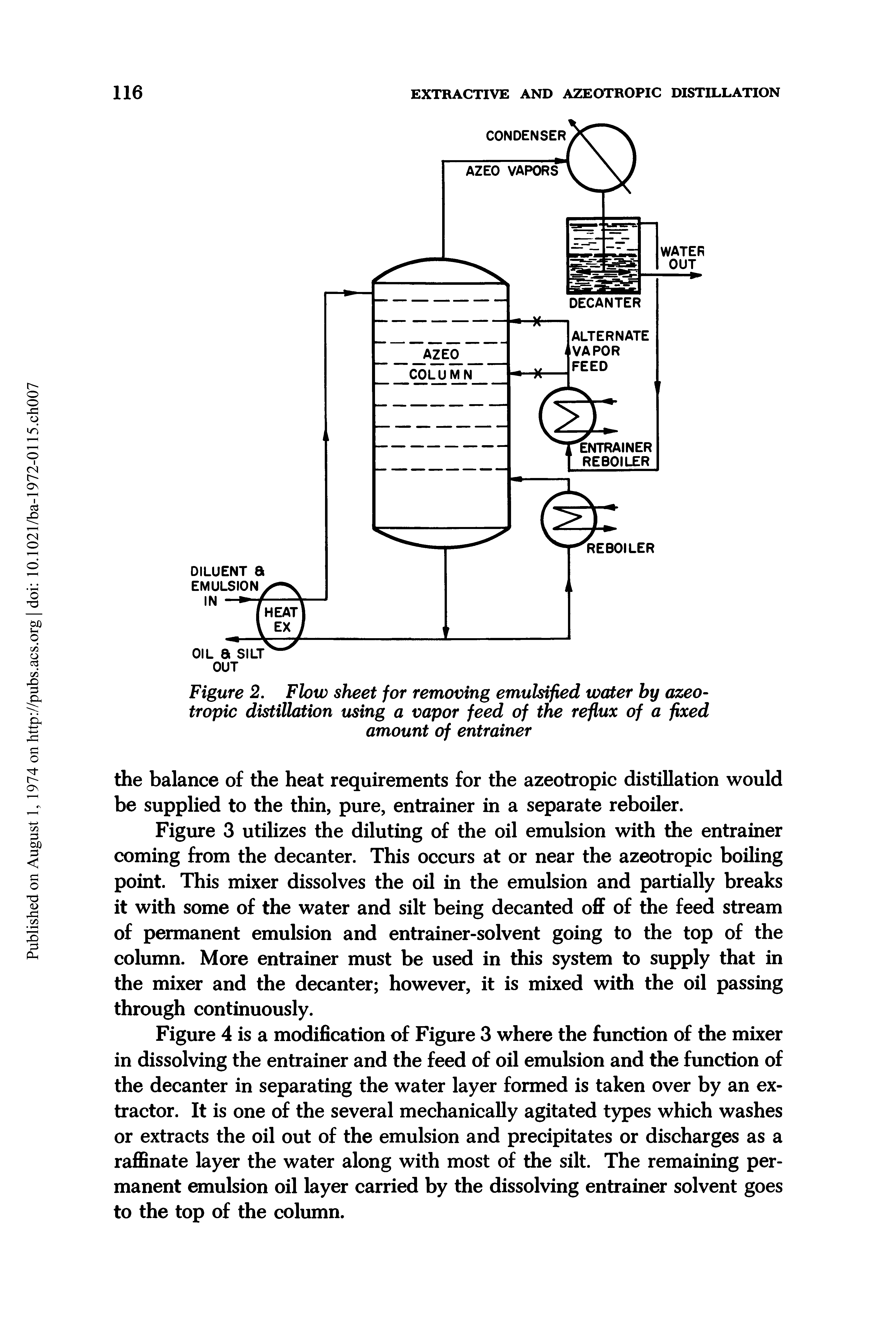 Figure 2. Flow sheet for removing emulsified water by azeotropic distillation using a vapor feed of the reflux of a fixed amount of entrainer...