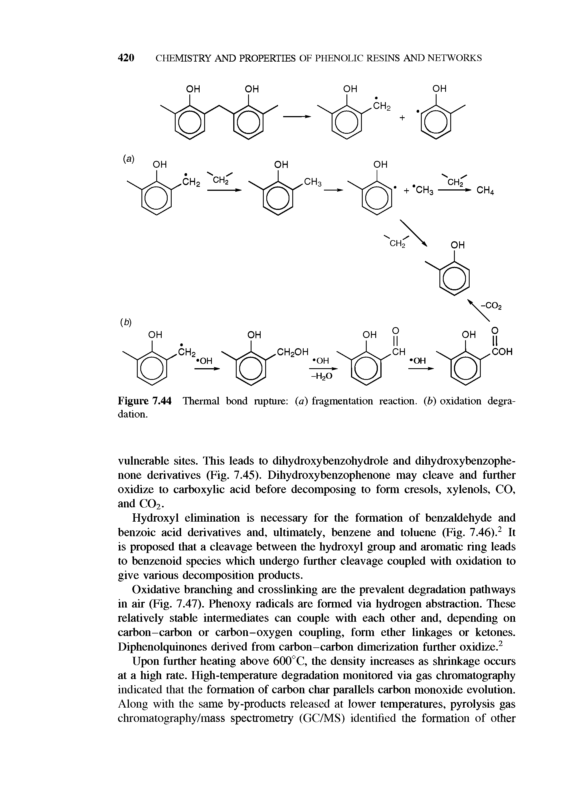 Figure 7.44 Thermal bond rupture (a) fragmentation reaction, (b) oxidation degradation.