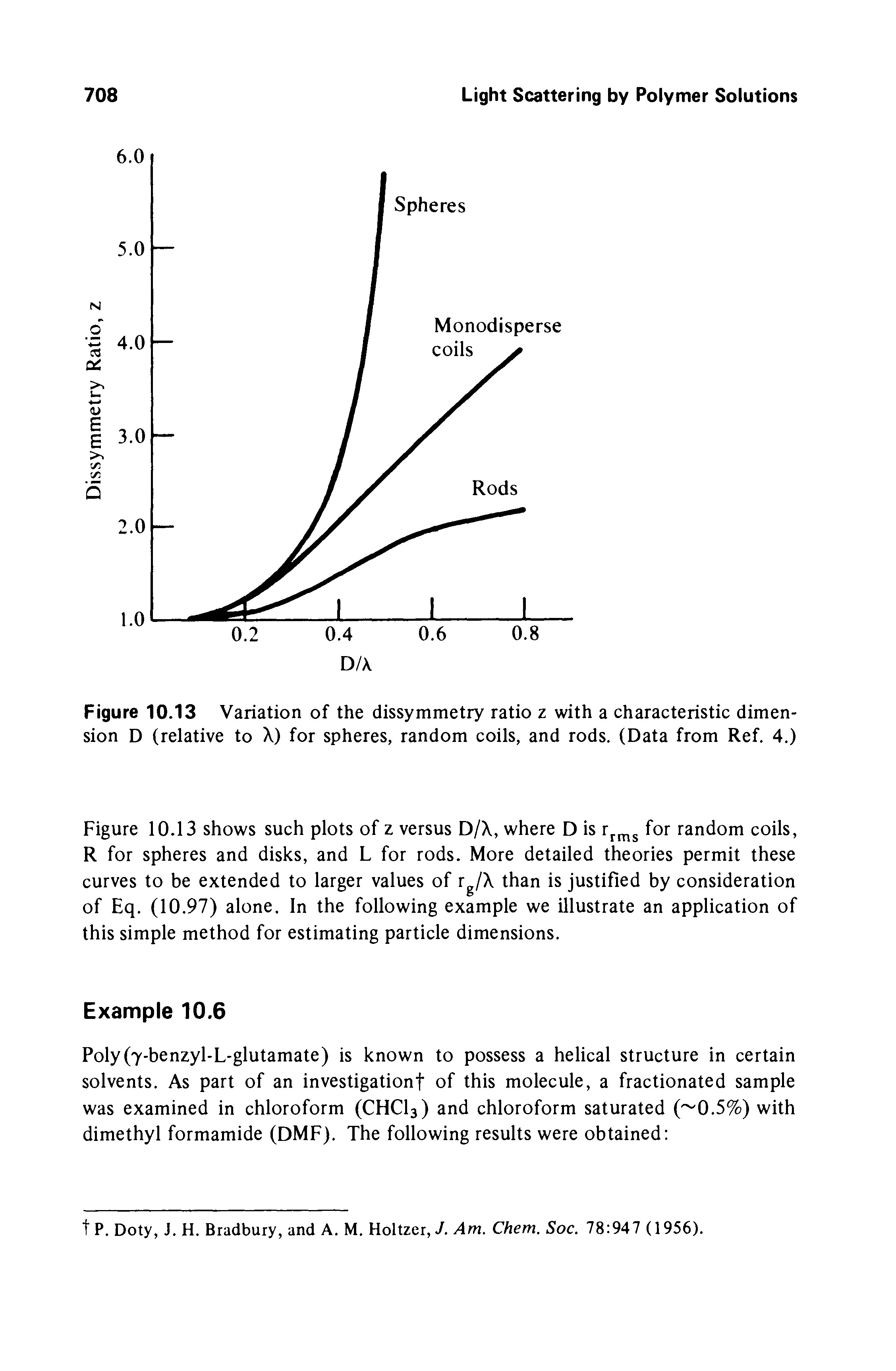 Figure 10.13 Variation of the dissymmetry ratio z with a characteristic dimension D (relative to X) for spheres, random coils, and rods. (Data from Ref. 4.)...