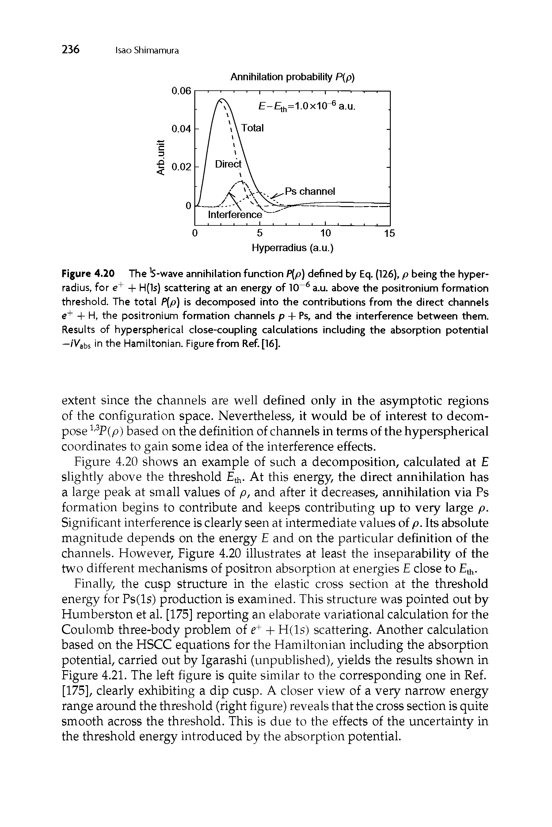 Figure 4.20 The S-wave annihilation function P[p) defined by Eq. (126), p being the hyperradius, for e+ + H(1s) scattering at an energy of 10 6 a.u. above the positronium formation threshold. The total P[p) is decomposed into the contributions from the direct channels e+ + H, the positronium formation channels p + Ps, and the interference between them. Results of hyperspherical close-coupling calculations including the absorption potential —iVabs in the Hamiltonian. Figure from Ref. [16].