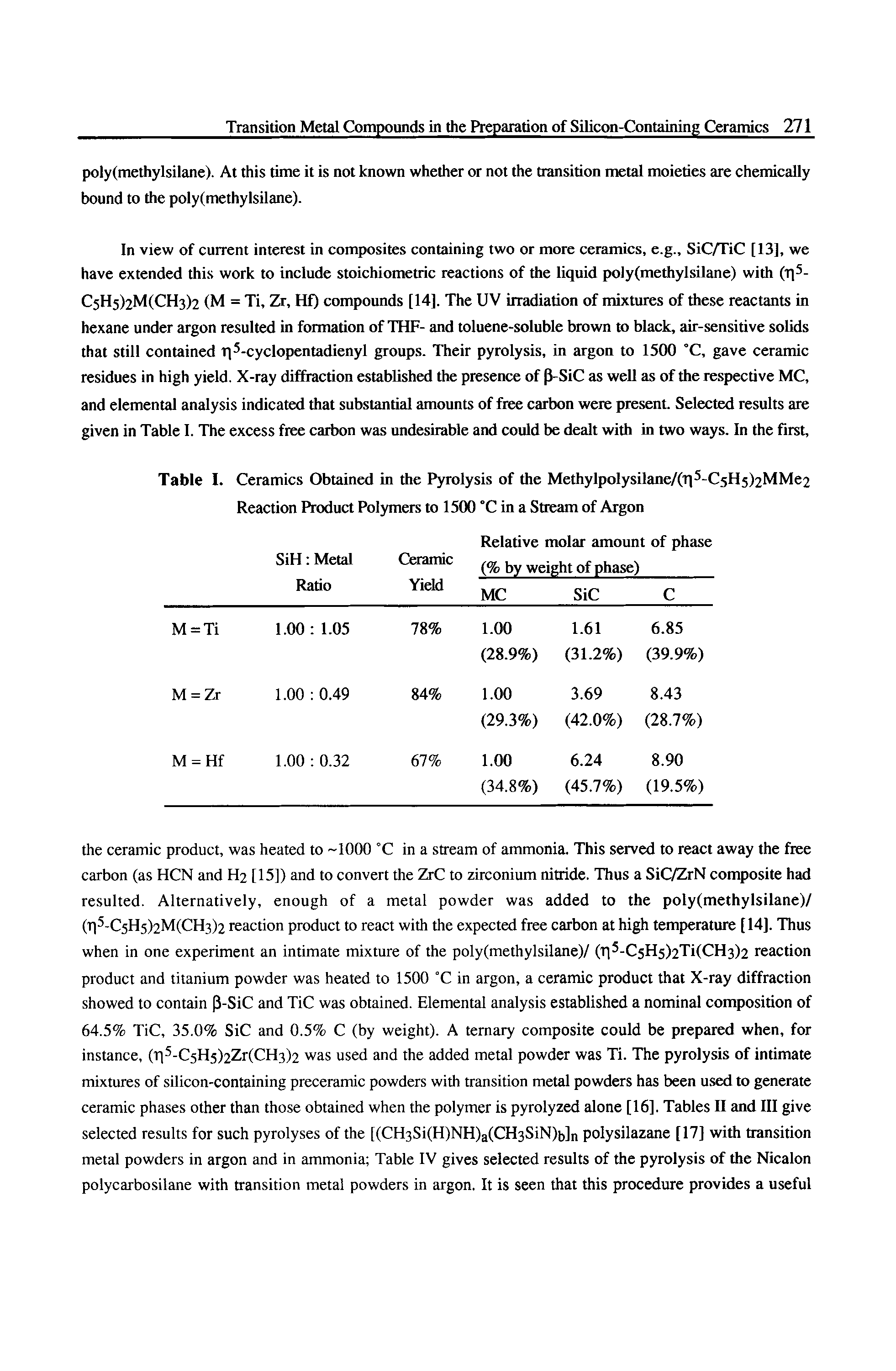Table I. Ceramics Obtained in the Pyrolysis of the Methylpolysilane/(T]5-C5H5)2MMe2 Reaction Product Polymers to 1500 °C in a Stream of Argon...
