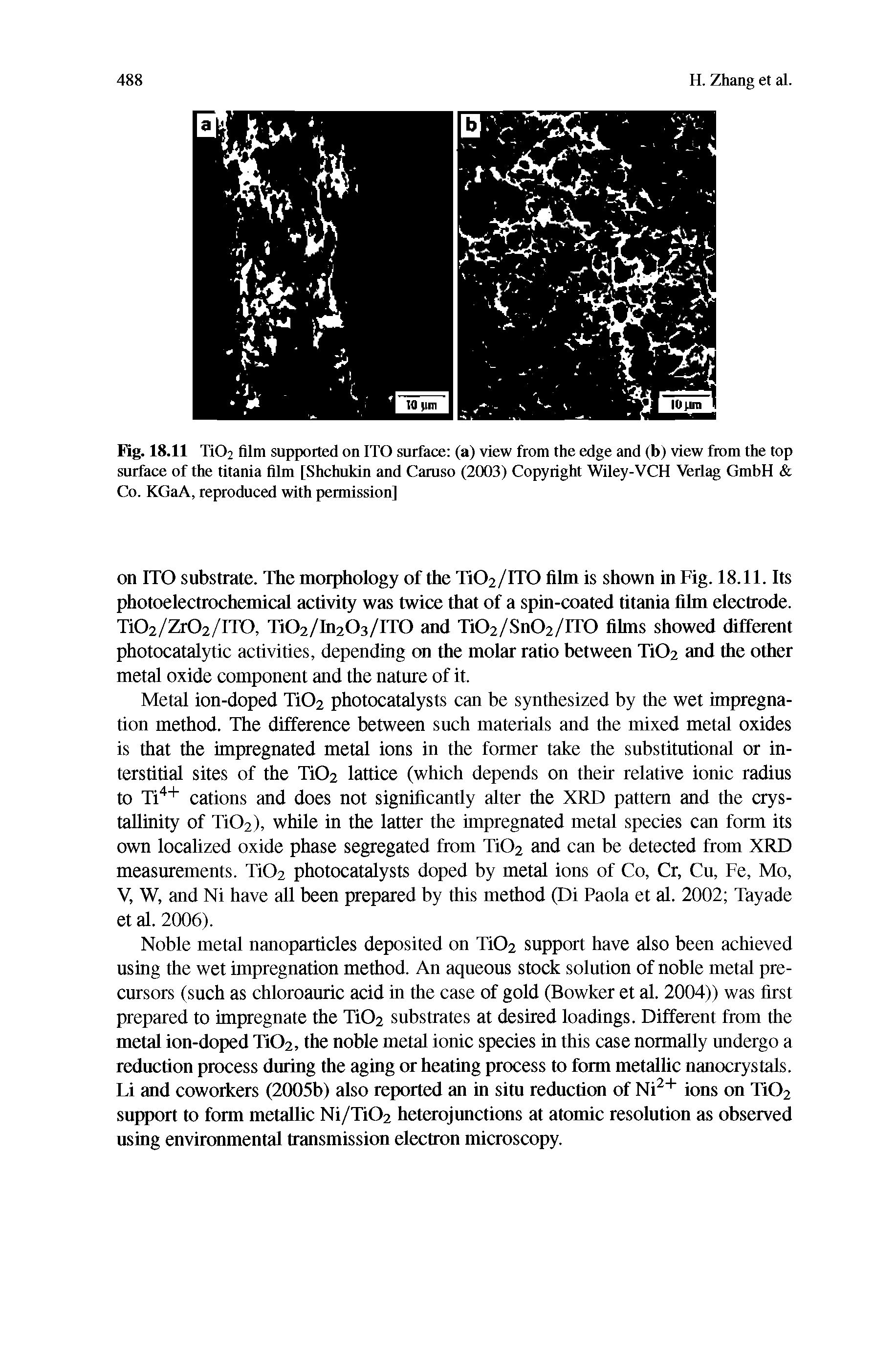 Fig. 18.11 TiOj film supported on ITO surface (a) view from the edge and (b) view from the top surface of the titania film [Shchukin and Caruso (2003) Copyright Wiley-VCH Verlag GmbH Co. KGaA, reproduced with permission]...