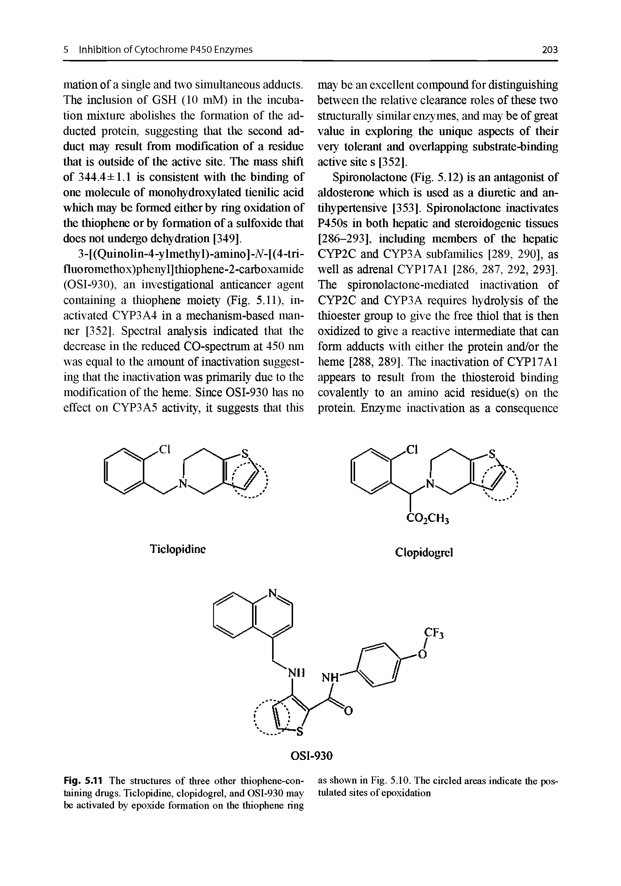 Fig. 5.11 The stractures of three other thiophene-containing drugs. Ticlopidine, clopidogrcl, and OSI-930 may be activated by epoxide formation on the thiophene ring...