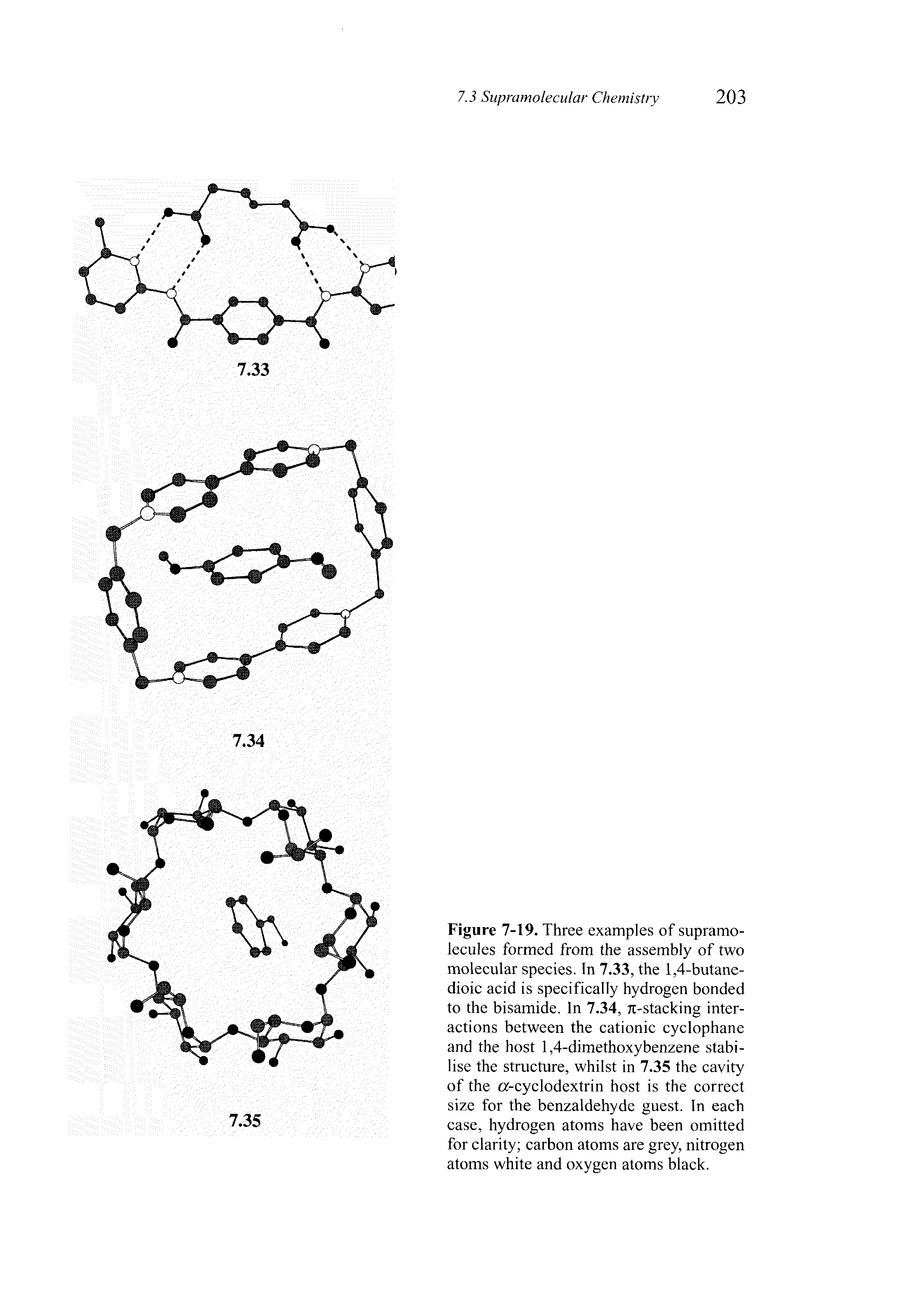 Figure 7-19. Three examples of supramo-lecules formed from the assembly of two molecular species. In 7.33, the 1,4-butane-dioic acid is specifically hydrogen bonded to the bisamide. In 7.34, rc-stacking interactions between the cationic cyclophane and the host 1,4-dimethoxybenzene stabilise the structure, whilst in 7.35 the cavity of the ct-cyclodextrin host is the correct size for the benzaldehyde guest. In each case, hydrogen atoms have been omitted for clarity carbon atoms are grey, nitrogen atoms white and oxygen atoms black.