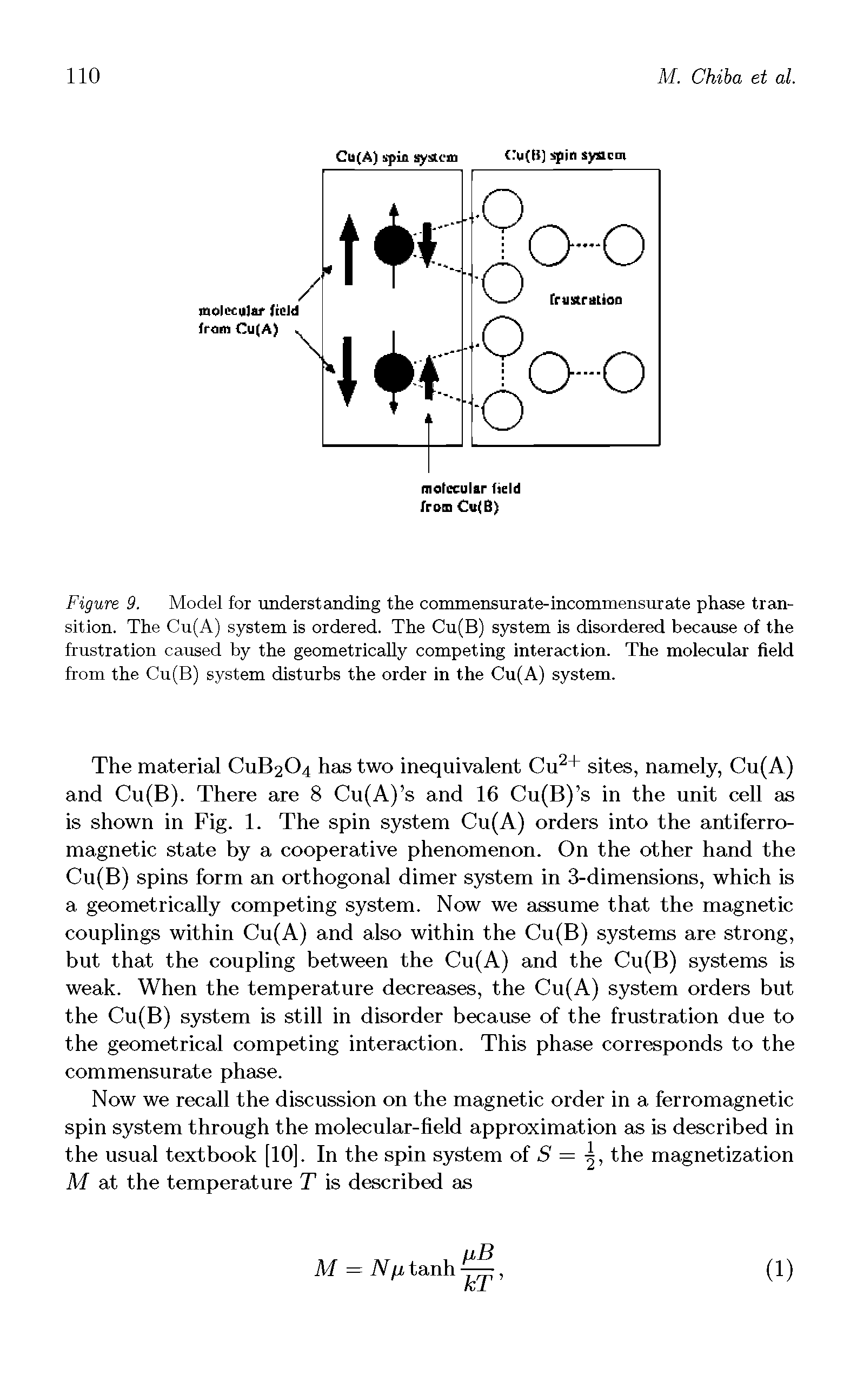 Figure 9. Model for understanding the commensurate-incommensurate phase transition. The Cu(A) system is ordered. The Cu(B) system is disordered because of the frustration caused by the geometrically competing interaction. The molecular field from the Cu(B) system disturbs the order in the Cu(A) system.