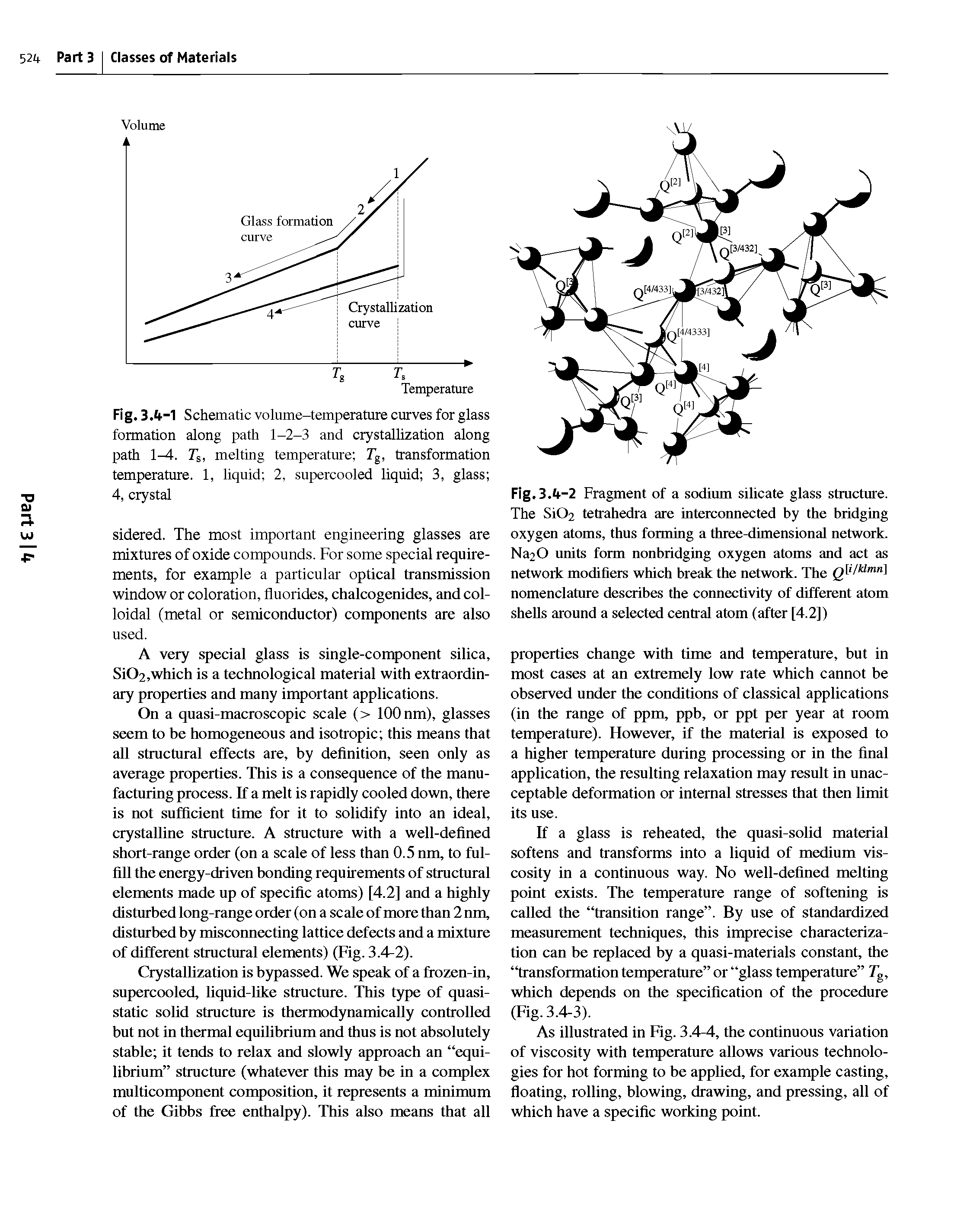 Fig.3. -1 Schematic volume-temperature curves for glass formation along path 1-2-3 and crystallization along path 1-4. Ts, melting temperature Tg, transformation temperature. 1, liquid 2, supercooled liquid 3, glass 4, crystal...