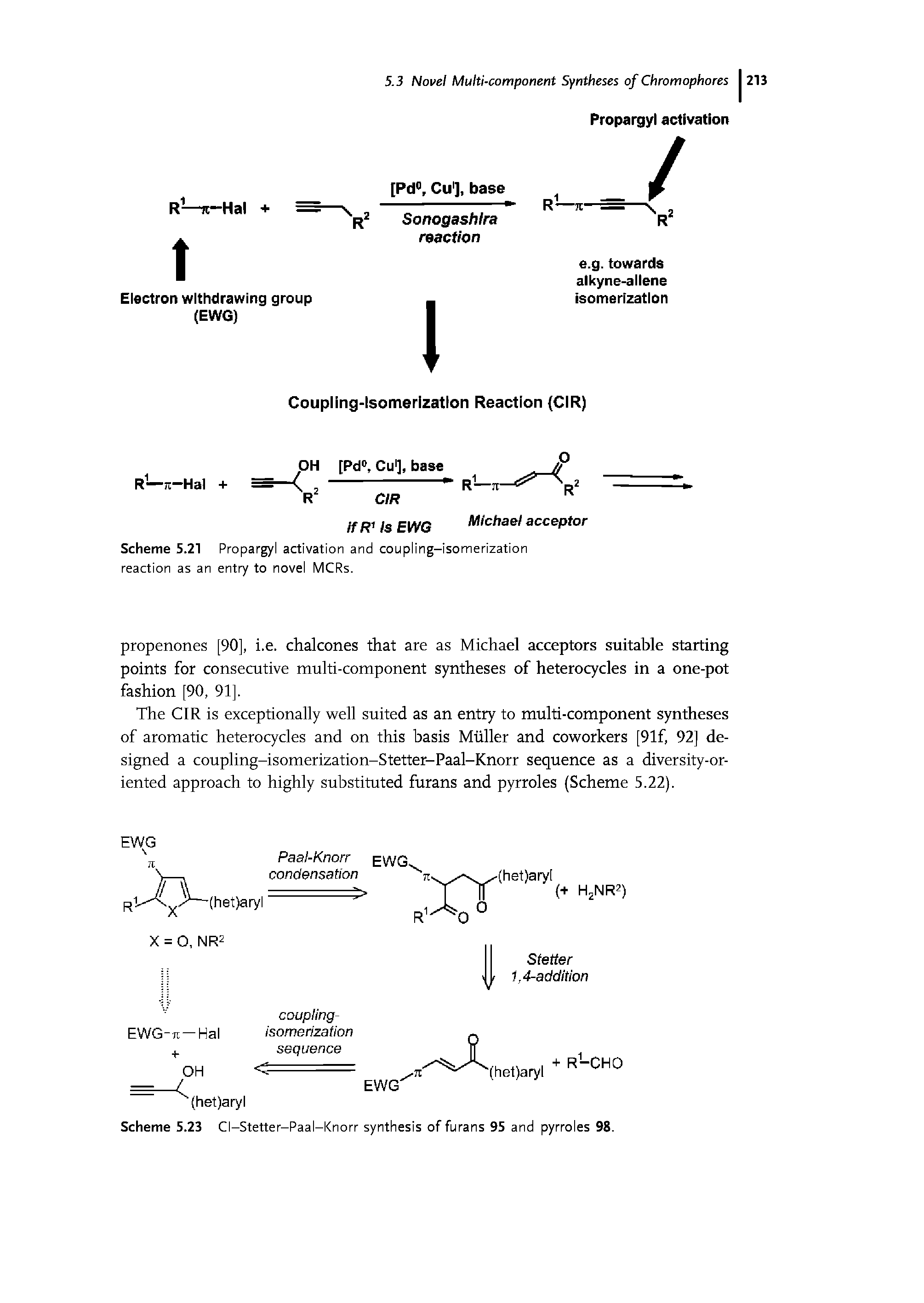 Scheme 5.23 Cl-Stetter-Paal-Knorr synthesis of furans 95 and pyrroles 98.