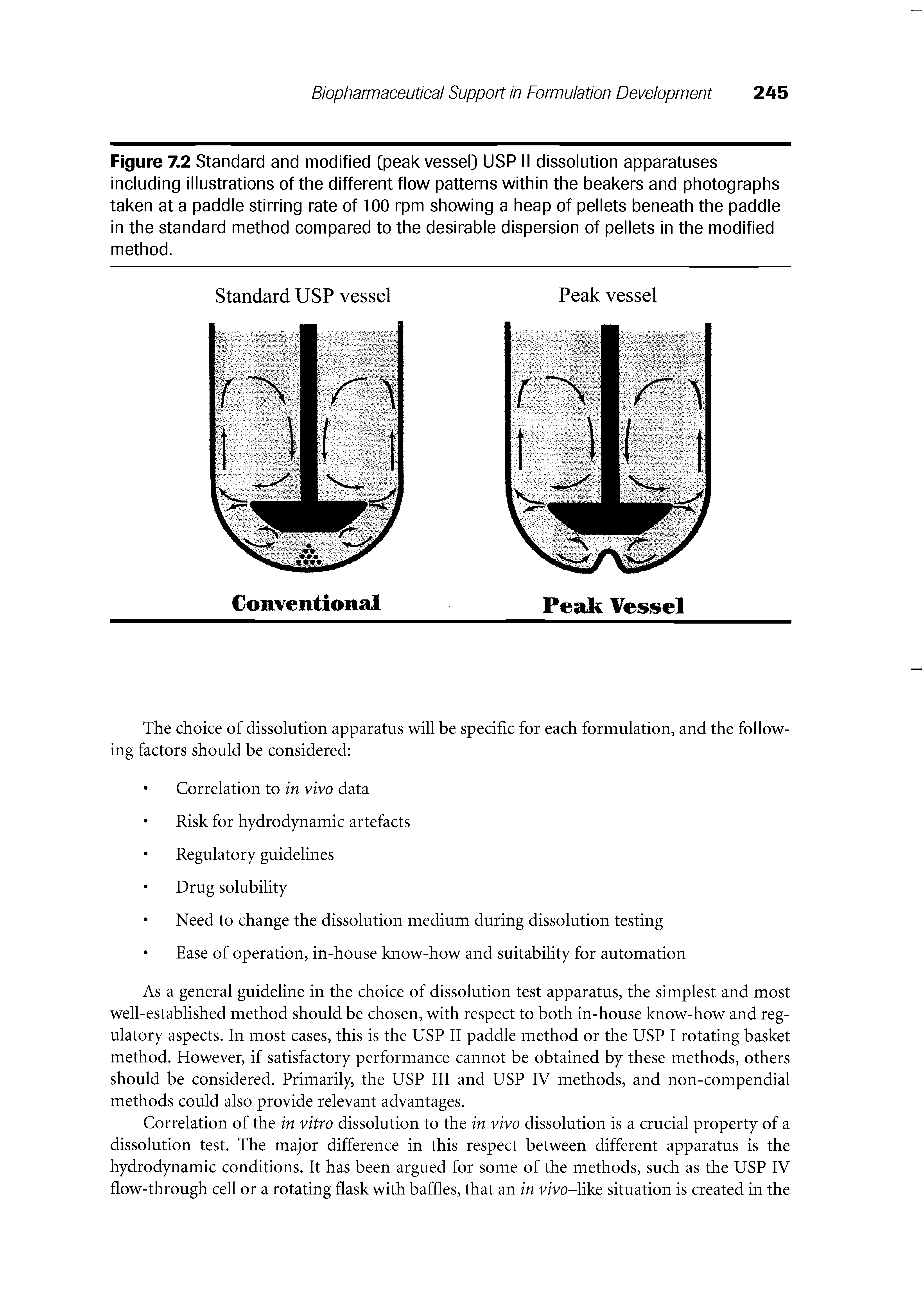 Figure 7.2 Standard and modified Cpeak vessel) USP II dissolution apparatuses including illustrations of the different flow patterns within the beakers and photographs taken at a paddle stirring rate of 100 rpm showing a heap of pellets beneath the paddle in the standard method compared to the desirable dispersion of pellets in the modified method.