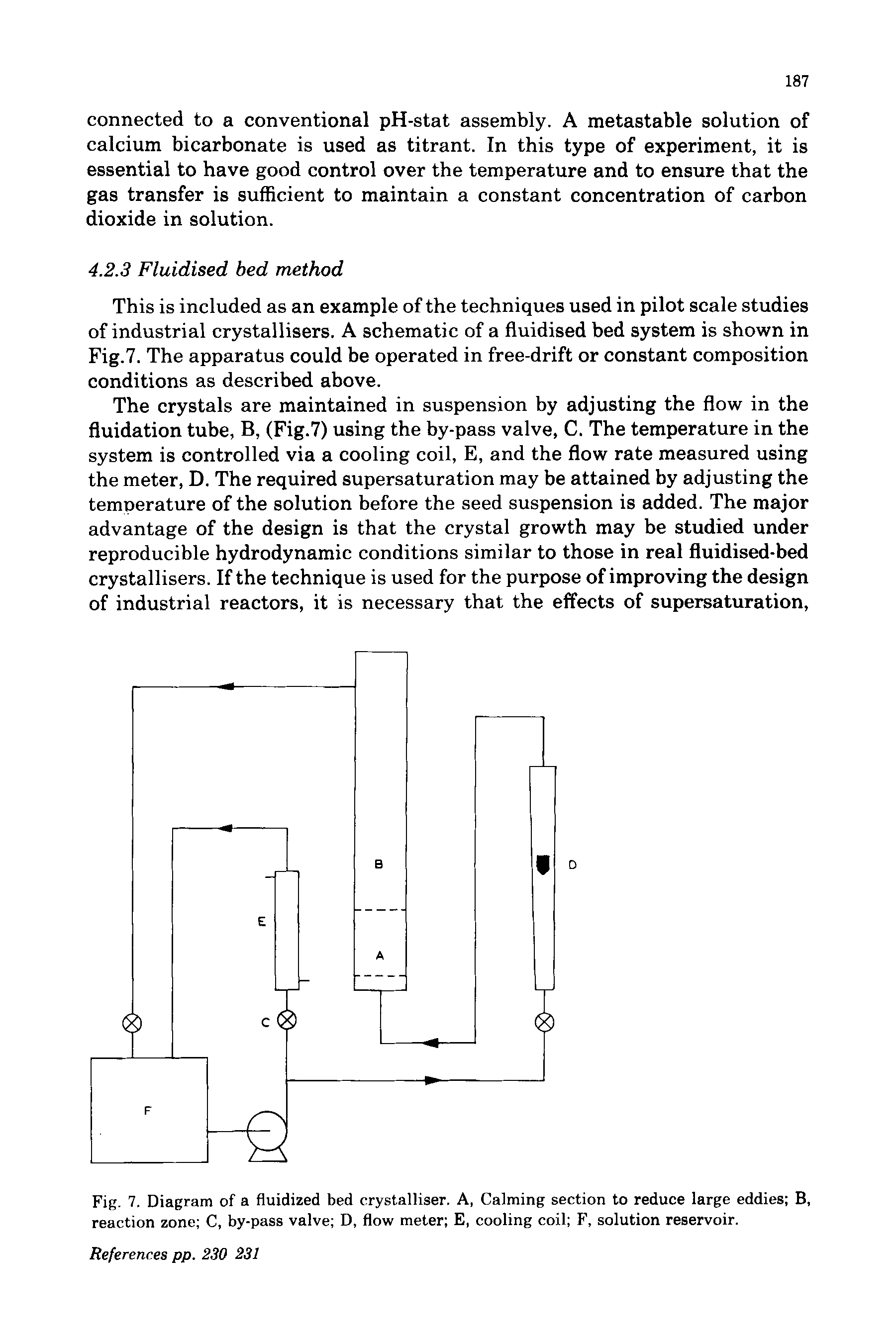 Fig. 7. Diagram of a fluidized bed crystalliser. A, Calming section to reduce large eddies B, reaction zone C, by-pass valve D, flow meter E, cooling coil F, solution reservoir.