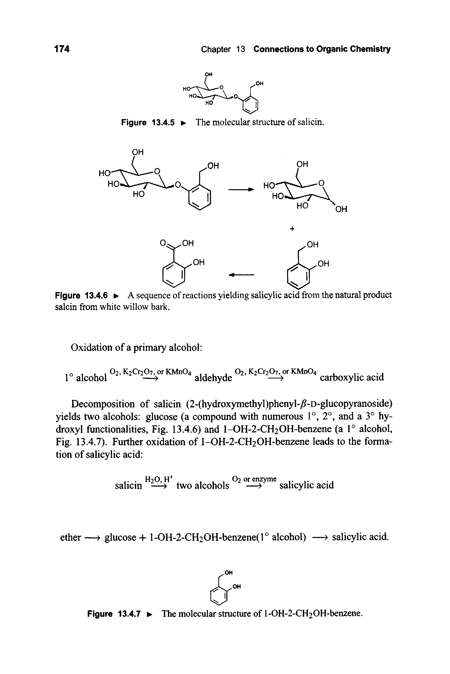 Figure 13.4.6 A sequence of reactions yielding salicylic acid from the natural product salcin from white willow bark.