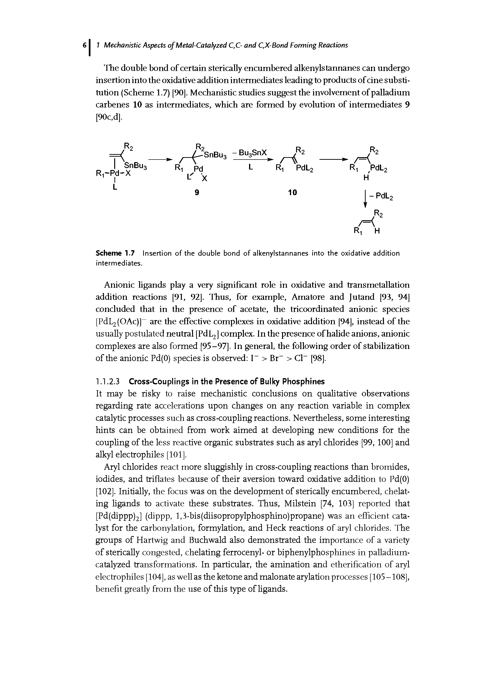 Scheme 1.7 Insertion of the double bond of alkenylstannanes into the oxidative addition intermediates.