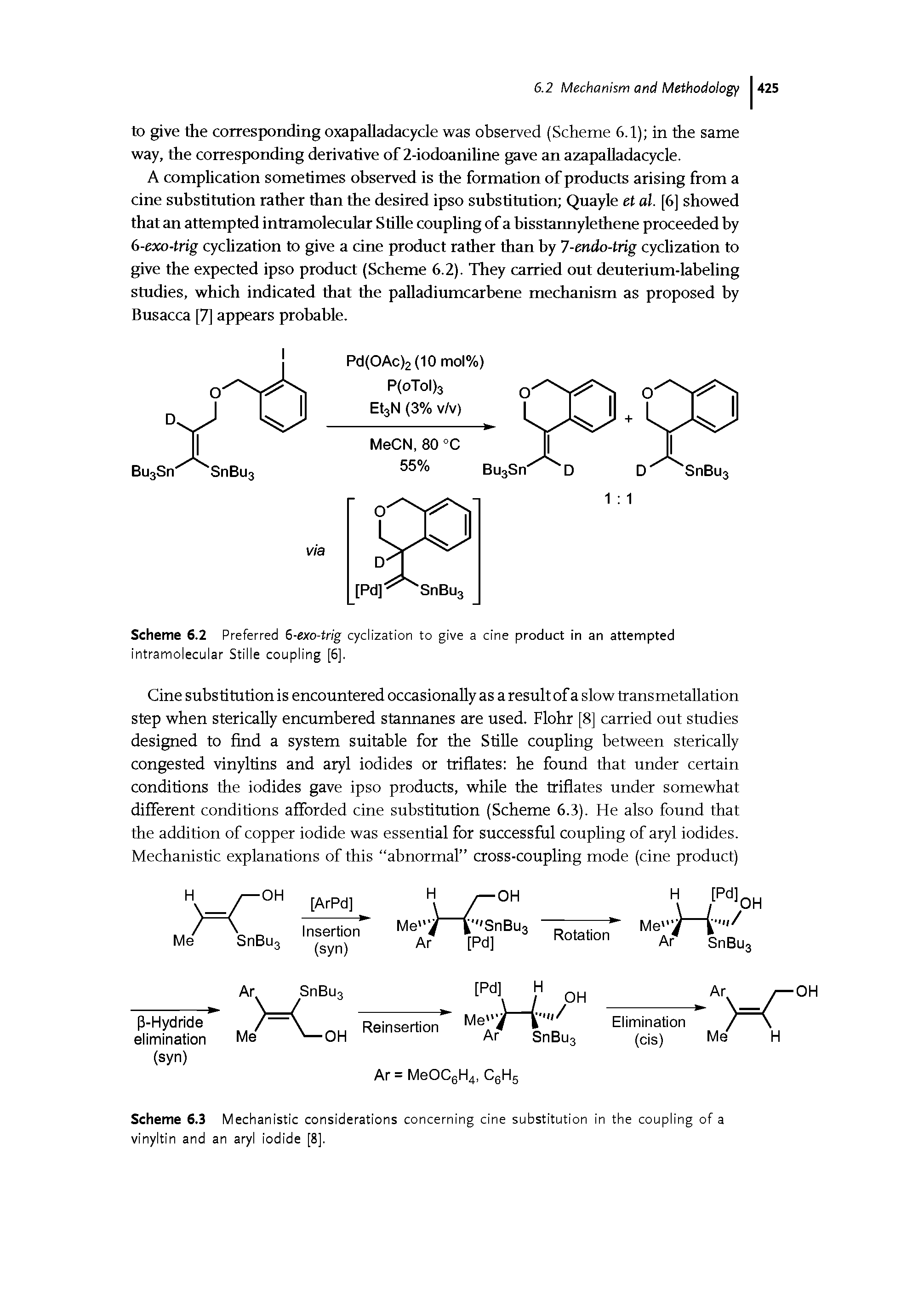 Scheme 6.3 Mechanistic considerations concerning cine substitution in the coupling of a vinyltin and an aryl iodide [8].
