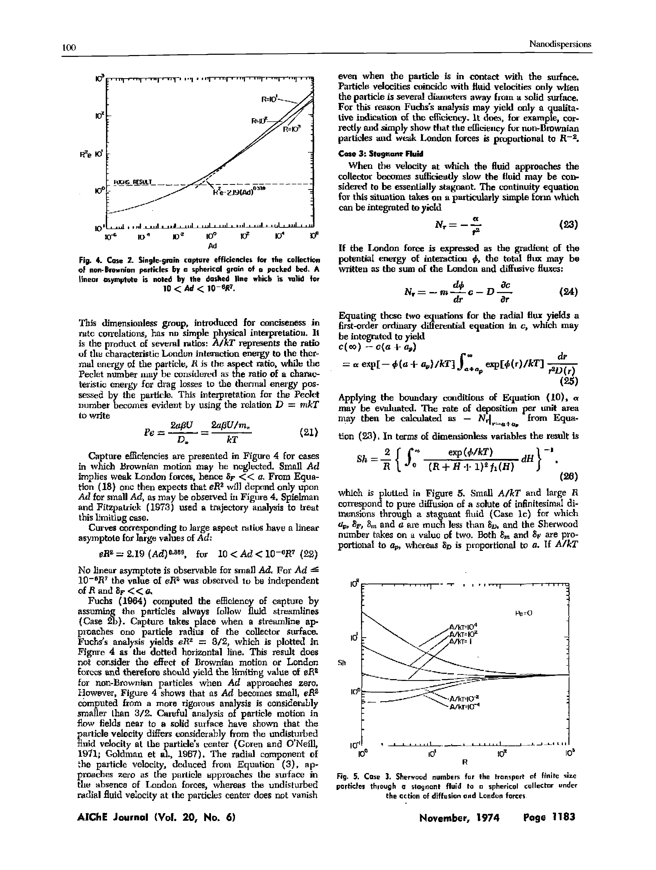 Fig. 4. Case 2. Single-grain capture efficiencies for the collection of non-Brownian particles by a spherical grain of a packed bed. A linear asymptote is noted by the dashed line which is valid lor 10 < M < IQ-6 7.