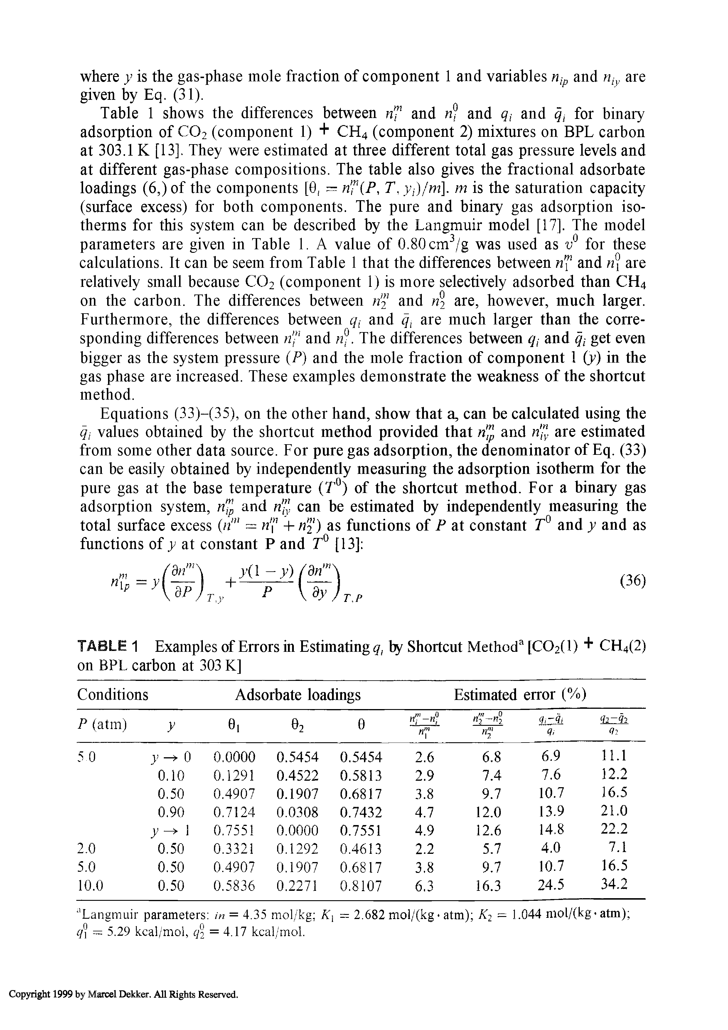 Table 1 shows the differences between nf and n and 9, and for binary adsorption of CO2 (component 1) + CH4 (component 2) mixtures on BPL carbon at soil K [13]. They were estimated at three different total gas pressure levels and at different gas-phase compositions. The table also gives the fractional adsorbate loadings (6,) of the components [0 — nT(P, T, y,)/w]. m is the saturation capacity (surface excess) for both components. The pure and binary gas adsorption isotherms for this system can be described by the Langmuir model [17]. The model parameters are given in Table 1. A value of 0.80cm /g was used as for these calculations. It can be seem from Table 1 that the differences between nf and are relatively small because CO2 (component 1) is more selectively adsorbed than CH4 on the carbon. The differences between n and 2 are, however, much larger. Furthermore, the differences between qi and q, are much larger than the corresponding differences between and. The differences between qi and qi get even bigger as the system pressure P) and the mole fraction of component 1 (y) in the gas phase are increased. These examples demonstrate the weakness of the shortcut method.