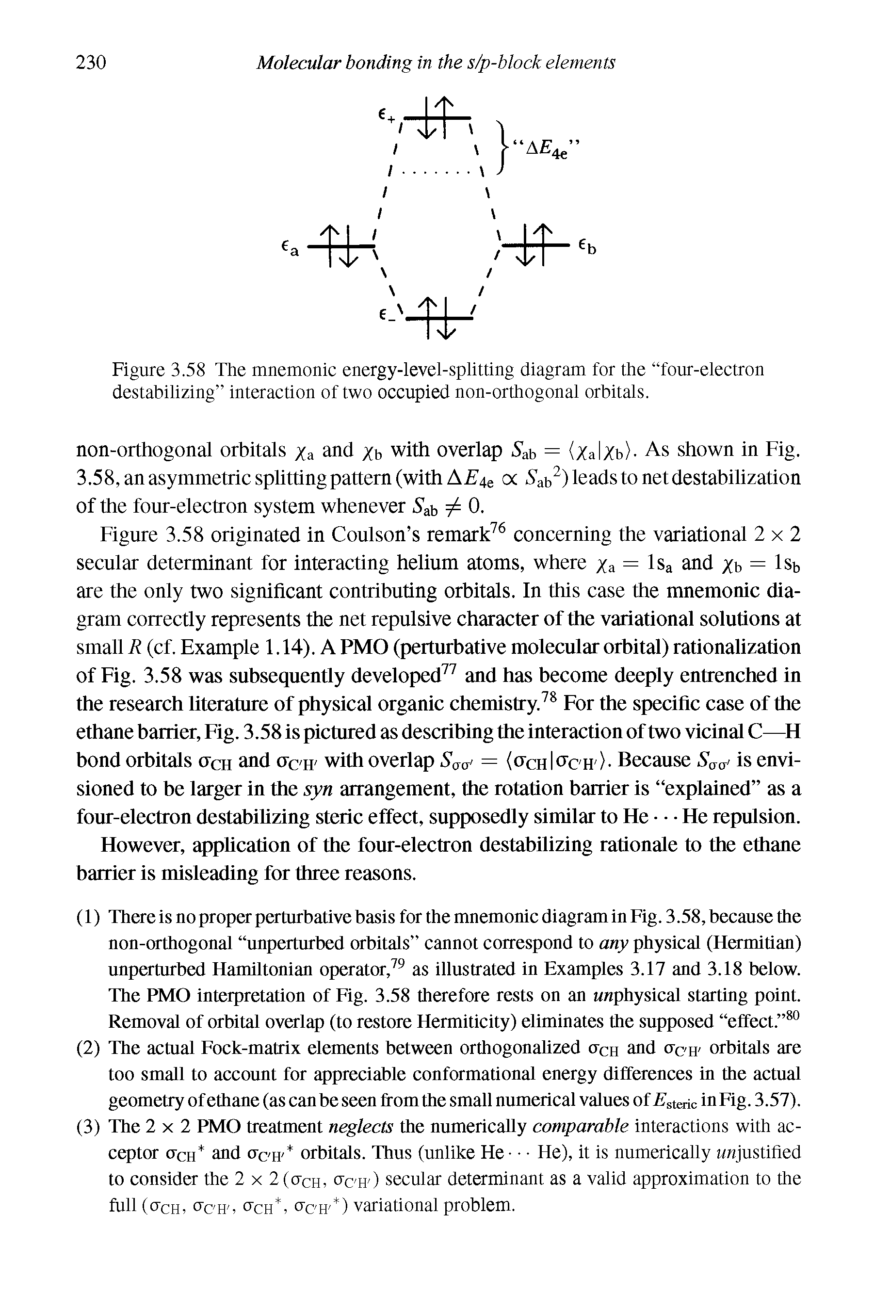 Figure 3.58 The mnemonic energy-level-splitting diagram for the four-electron destabilizing interaction of two occupied non-orthogonal orbitals.