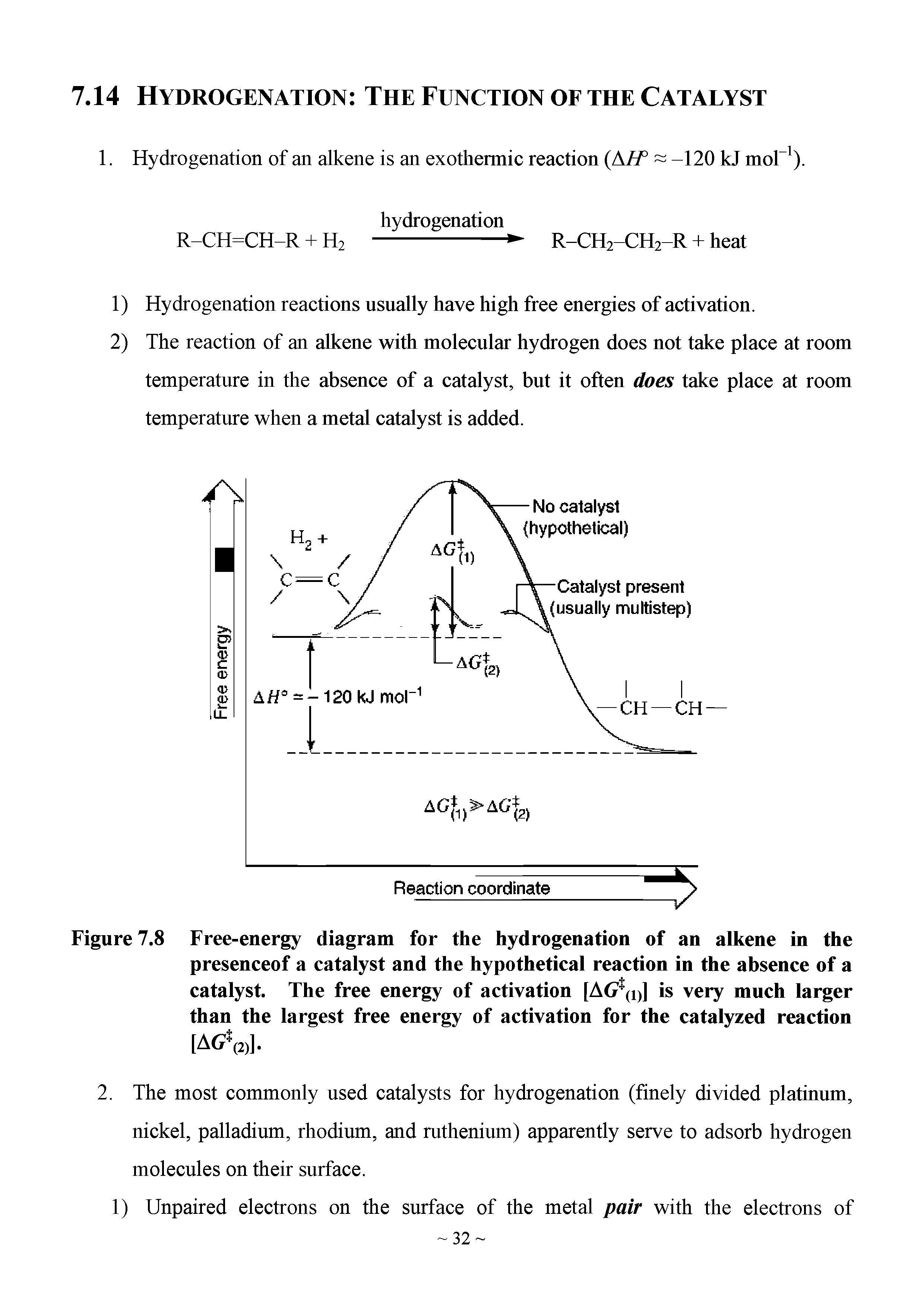 Figure 7.8 Free-energy diagram for the hydrogenation of an alkene in the presenceof a catalyst and the hypothetical reaction in the absence of a catalyst. The free energy of activation [AG (i)] is very much larger than the largest free energy of activation for the catalyzed reaction [AG (2,].
