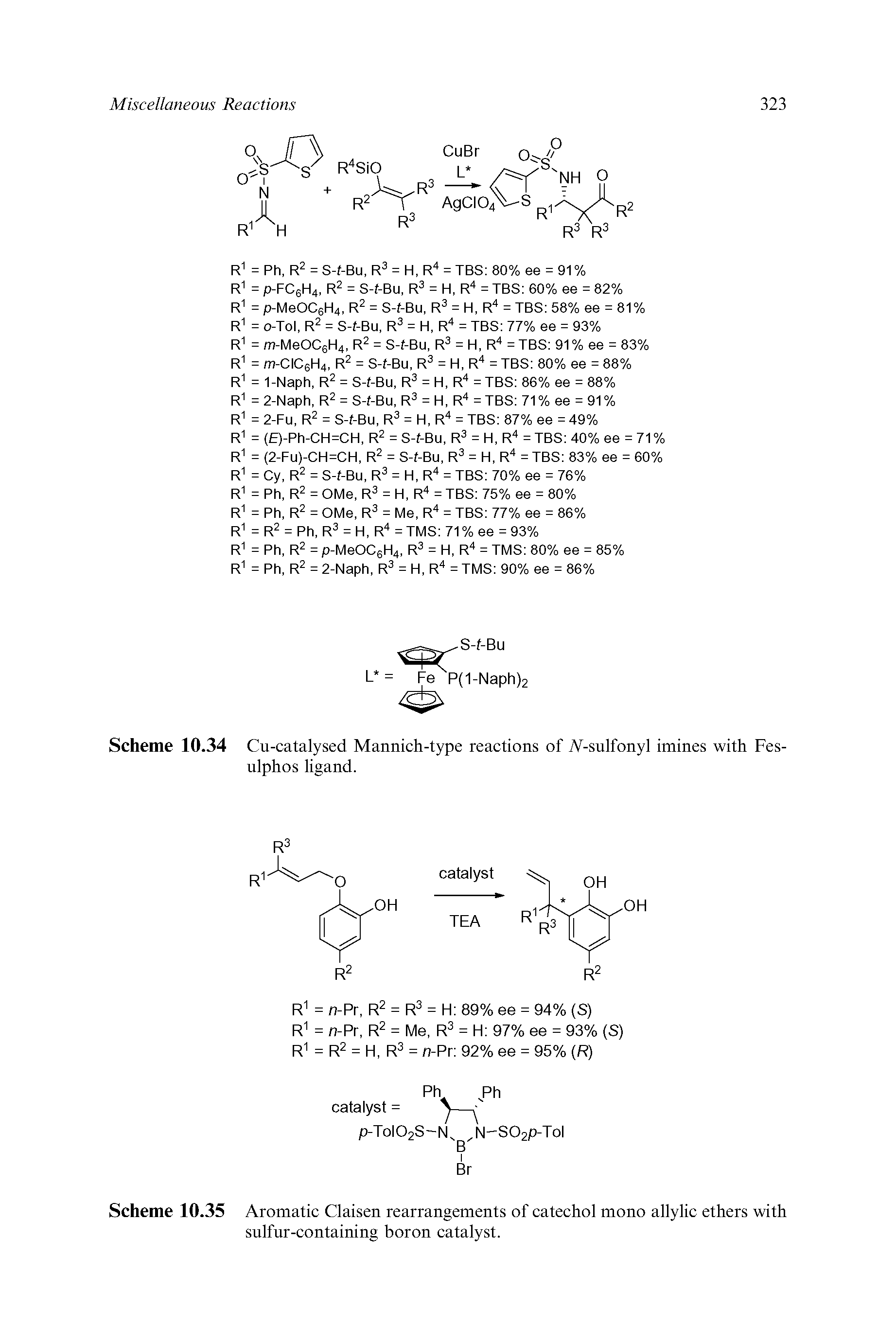 Scheme 10.35 Aromatic Claisen rearrangements of catechol mono allylic ethers with sulfur-containing boron catalyst.