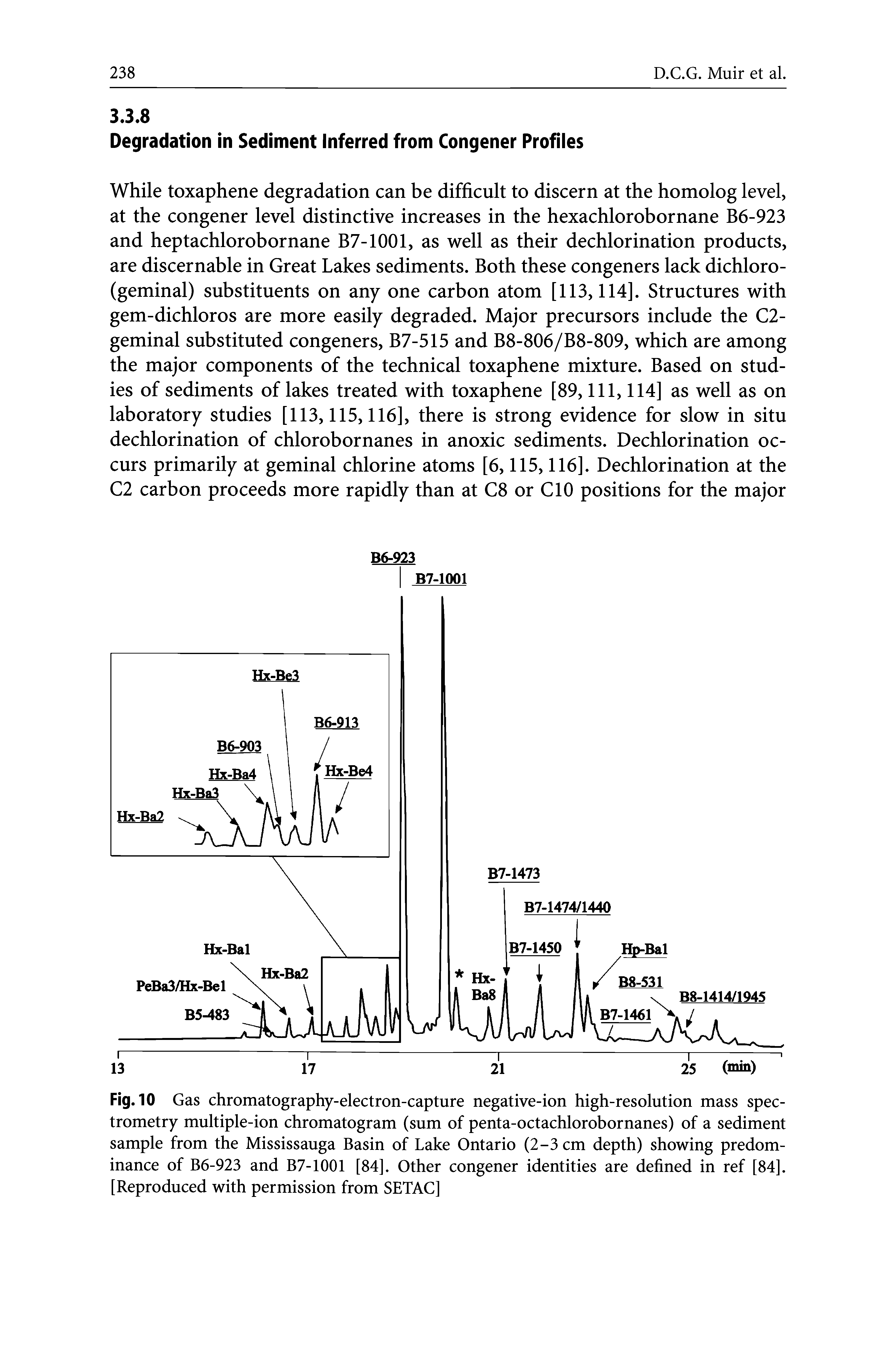Fig. 10 Gas chromatography-electron-capture negative-ion high-resolution mass spectrometry multiple-ion chromatogram (sum of penta-octachlorobornanes) of a sediment sample from the Mississauga Basin of Lake Ontario (2-3 cm depth) showing predominance of B6-923 and B7-1001 [84]. Other congener identities are defined in ref [84]. [Reproduced with permission from SETAC]...