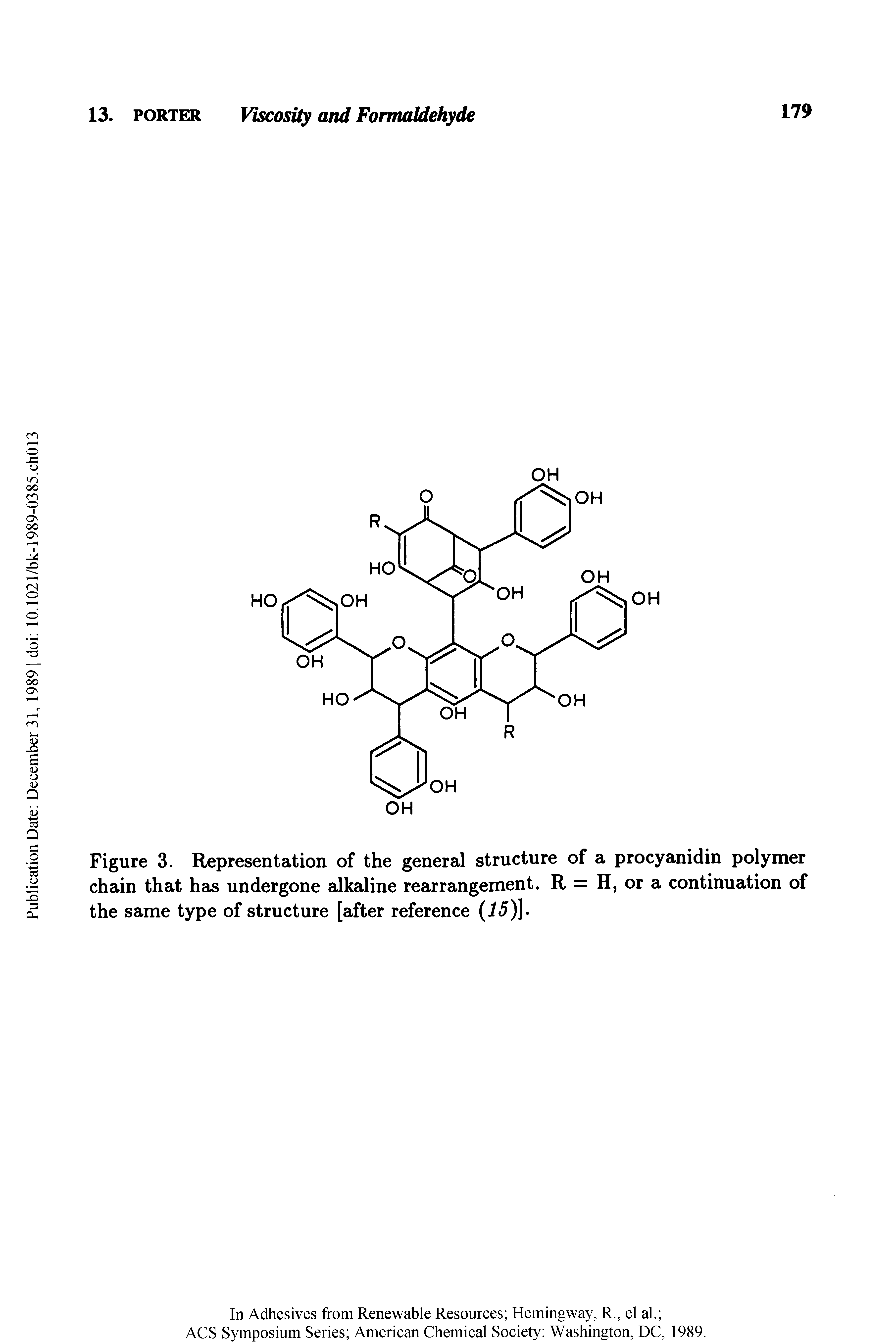 Figure 3. Representation of the general structure of a procyanidin polymer chain that has undergone alkaline rearrangement. R = H, or a continuation of the same type of structure [after reference (15)] ...