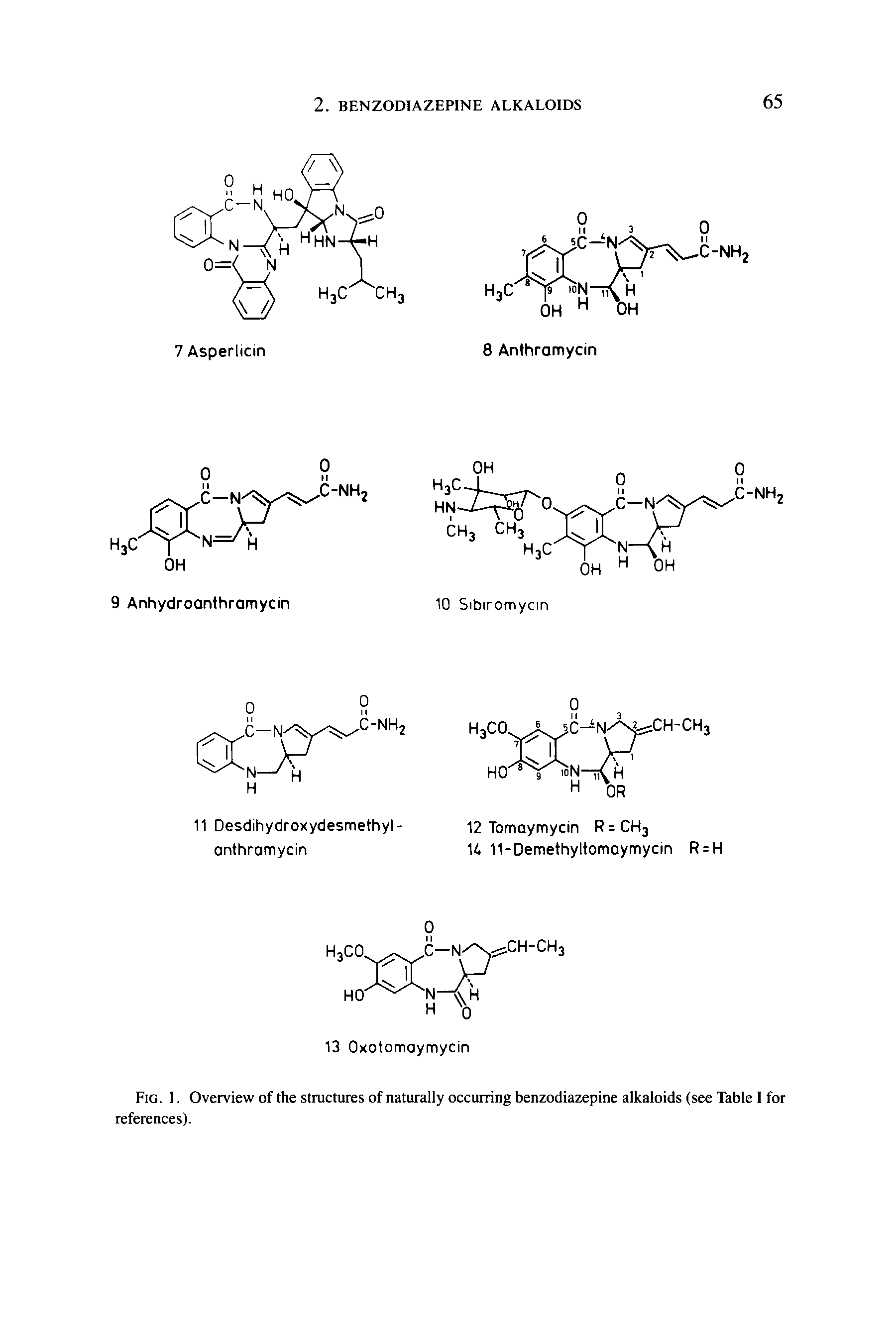 Fig. 1. Overview of the structures of naturally occurring benzodiazepine alkaloids (see Table I for references).