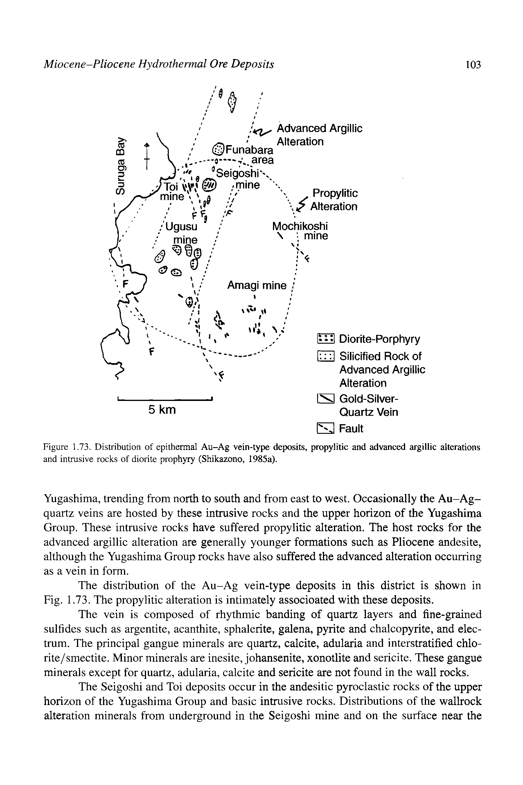 Figure 1.73. Distribution of epithermal Au-Ag vein-type deposits, propylitic and advanced argillic alterations and intrusive rocks of diorite prophyry (Shikazono, 1985a).