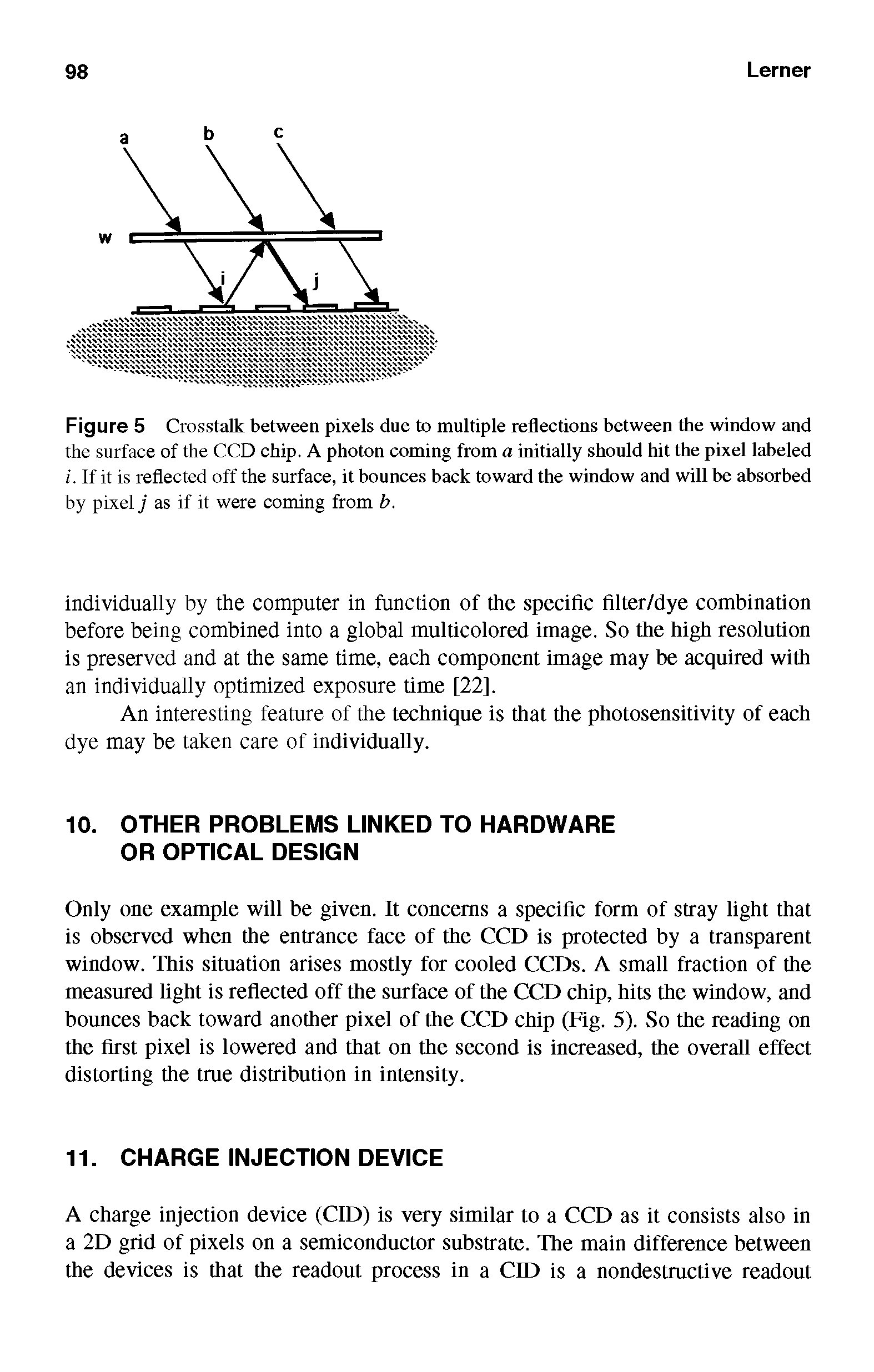 Figure 5 Crosstalk between pixels due to multiple reflections between the window and the surface of the CCD chip. A photon coming from a initially should hit the pixel labeled i. If it is reflected off the surface, it bounces back toward the window and will be absorbed by pixel j as if it were coming from b.