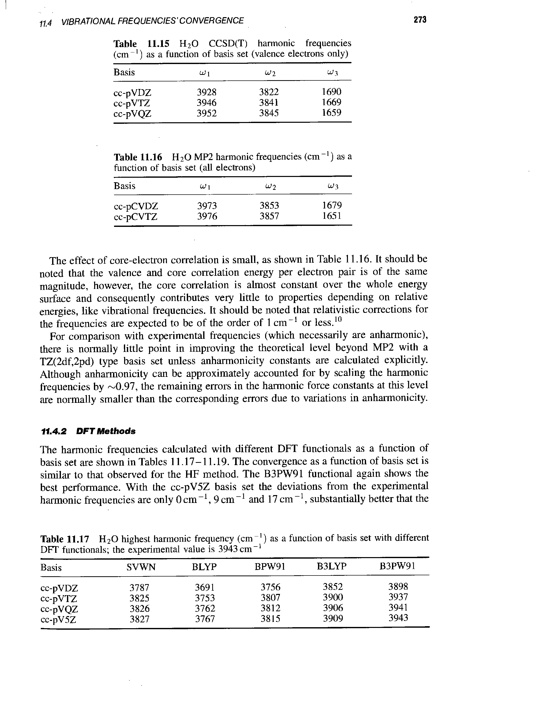 Table 11.16 H2O MP2 harmonic frequencies (cm function of basis set (all electrons) " ) as a...