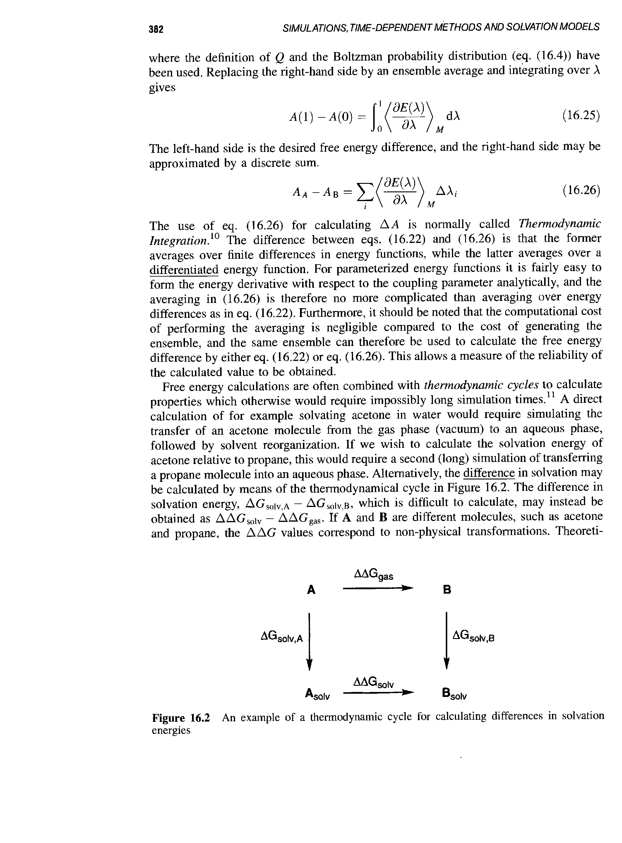 Figure 16.2 An exainple of a thermodynamic cycle for calculating differences in solvation energies...