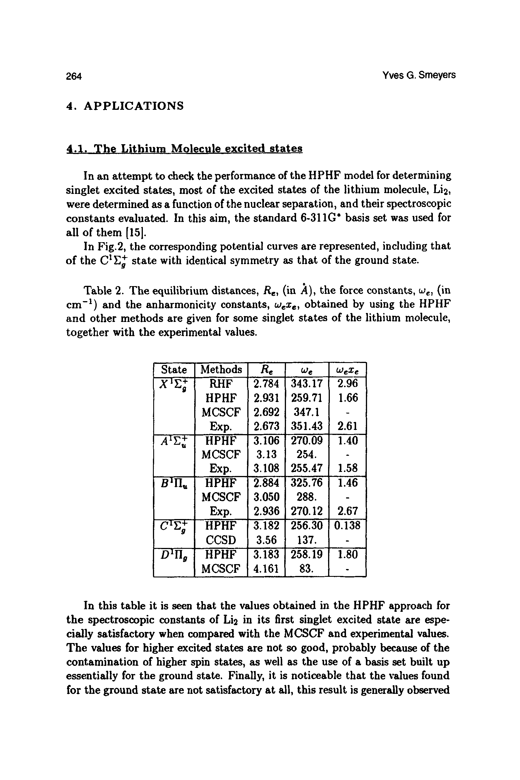 Table 2. The equilibrium distances, Re, (in A), the force constants, Wei (>n cm ) and the anharmonicity constants, uigXe, obtained by using the HPHF and other methods are given for some singlet states of the lithium molecule, together with the experimental values.