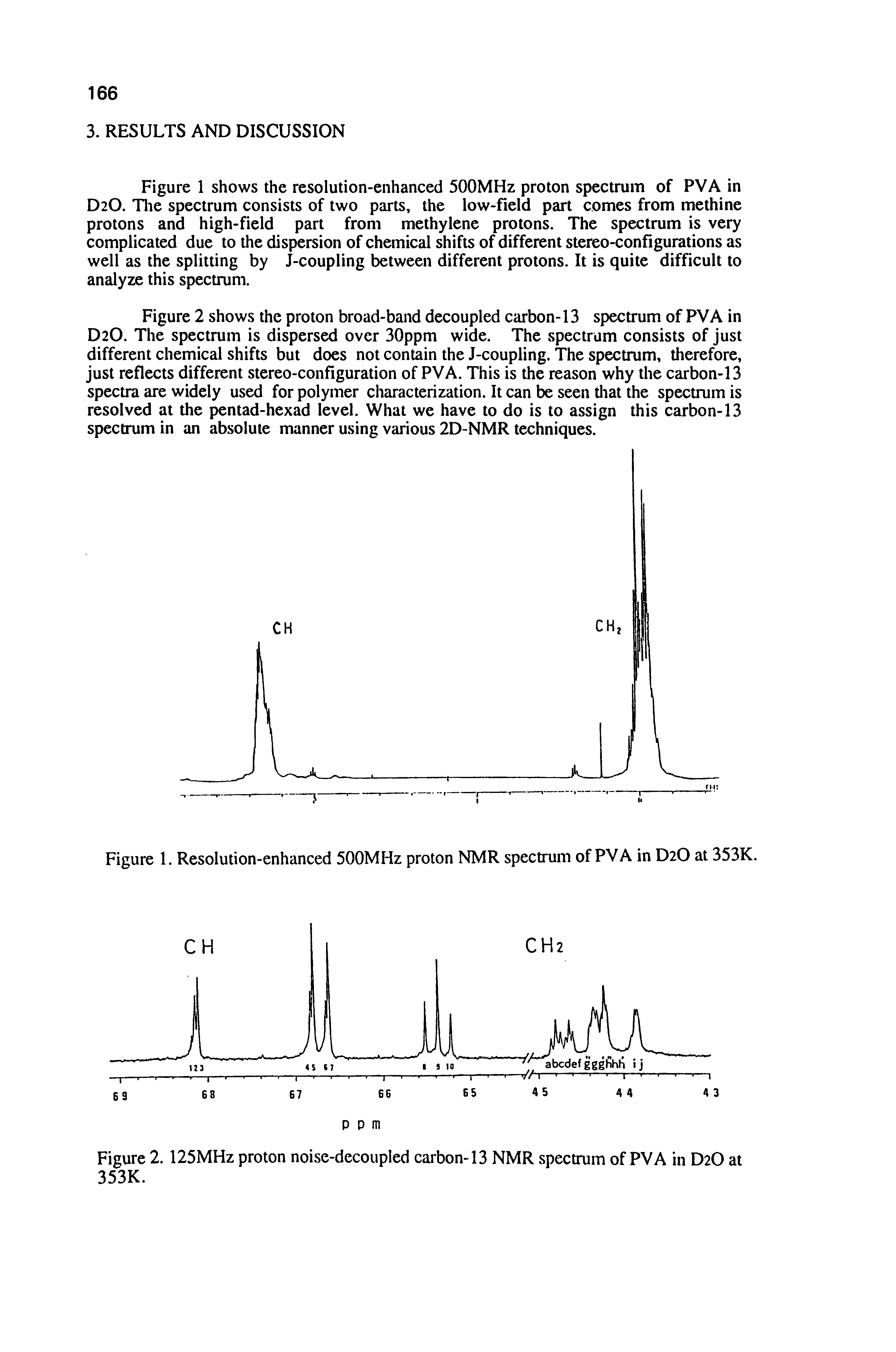 Figure 1. Resolution-enhanced 500MHz proton NMR spectrum of PVA in D2O at 353K.