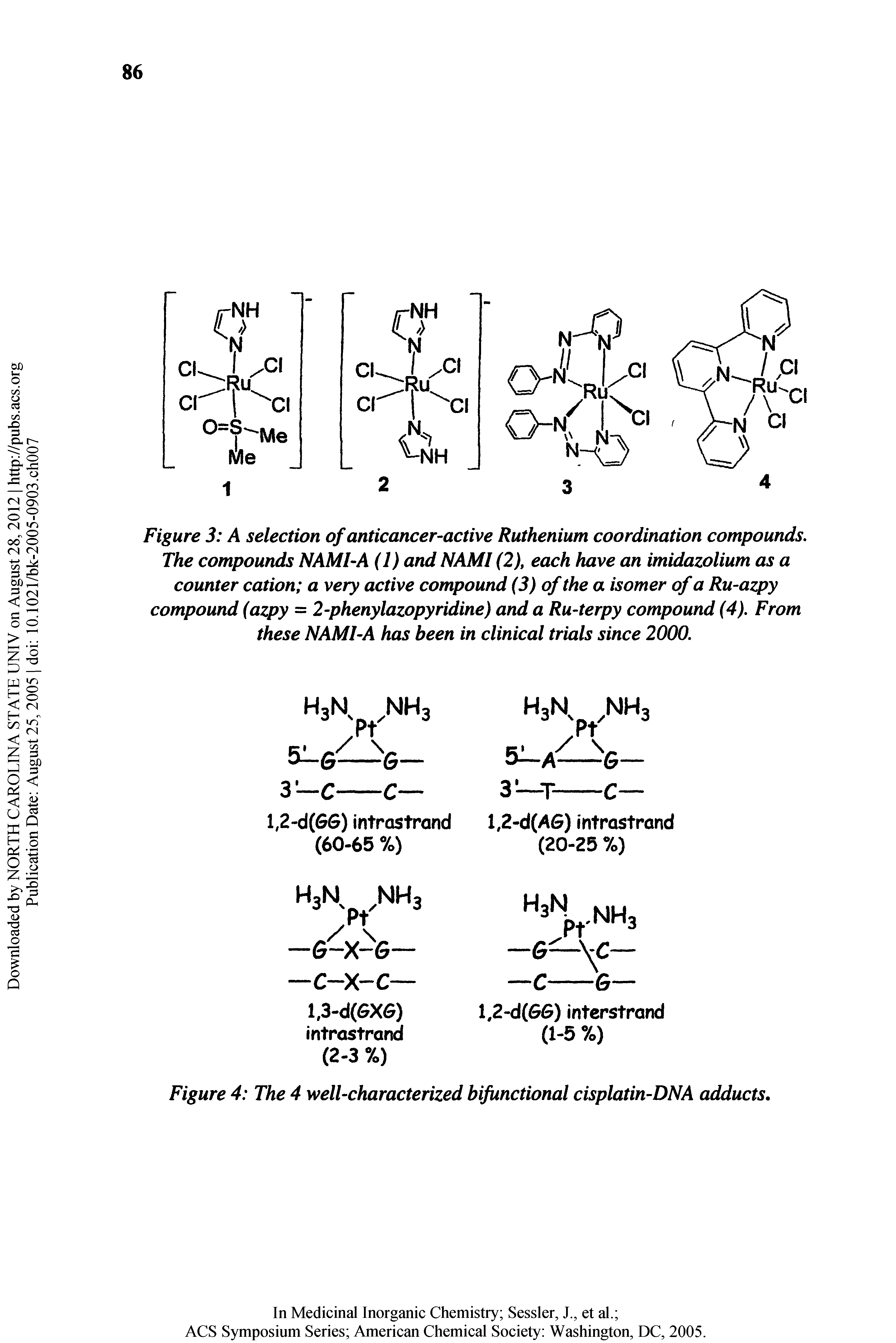 Figure 3 A selection of anticancer-active Ruthenium coordination compounds. The compounds NAM FA (1) and NAMl (2), each have an imidazolium as a counter cation a very active compound (3) of the a isomer of a Ru-azpy compound (azpy = 2-phenylazopyridine) and a Ru-terpy compound (4). From these NAMFA has been in clinical trials since 2000.