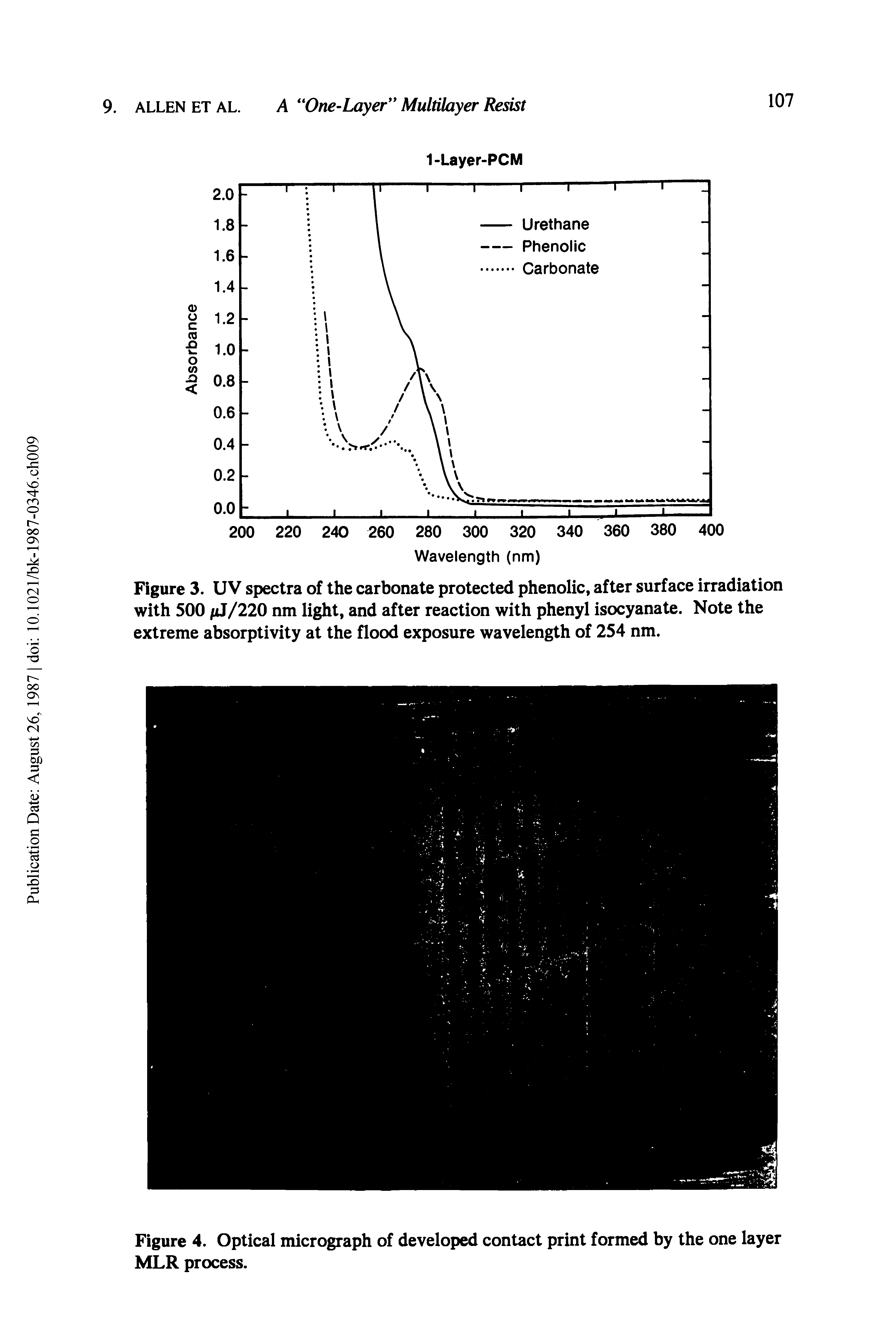Figure 3. UV spectra of the carbonate protected phenolic, after surface irradiation with 500 fjJ/220 nm light, and after reaction with phenyl isocyanate. Note the extreme absorptivity at the flood exposure wavelength of 254 nm.