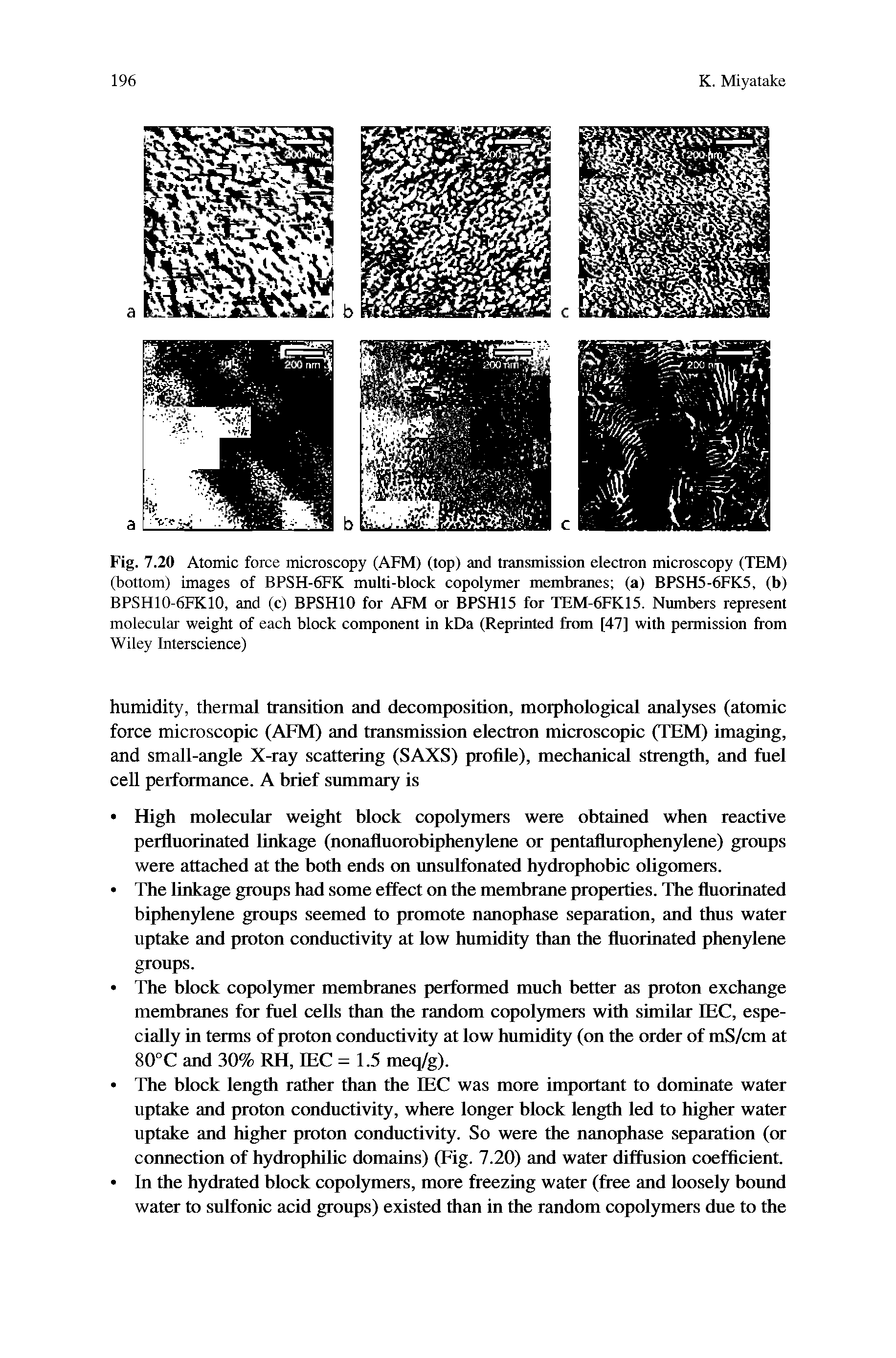 Fig. 7.20 Atomic force microscopy (AFM) (top) and transmission electron microscopy (TEM) (bottom) images of BPSH-6FK multi-block copolymer membranes (a) BPSH5-6FK5, (b) BPSH10-6FK10, and (c) BPSHIO for AFM or BPSH15 for TEM-6FK15. Numbers represent molecular weight of each block component in kDa (Reprinted from [47] with permission from Wiley Interscience)...