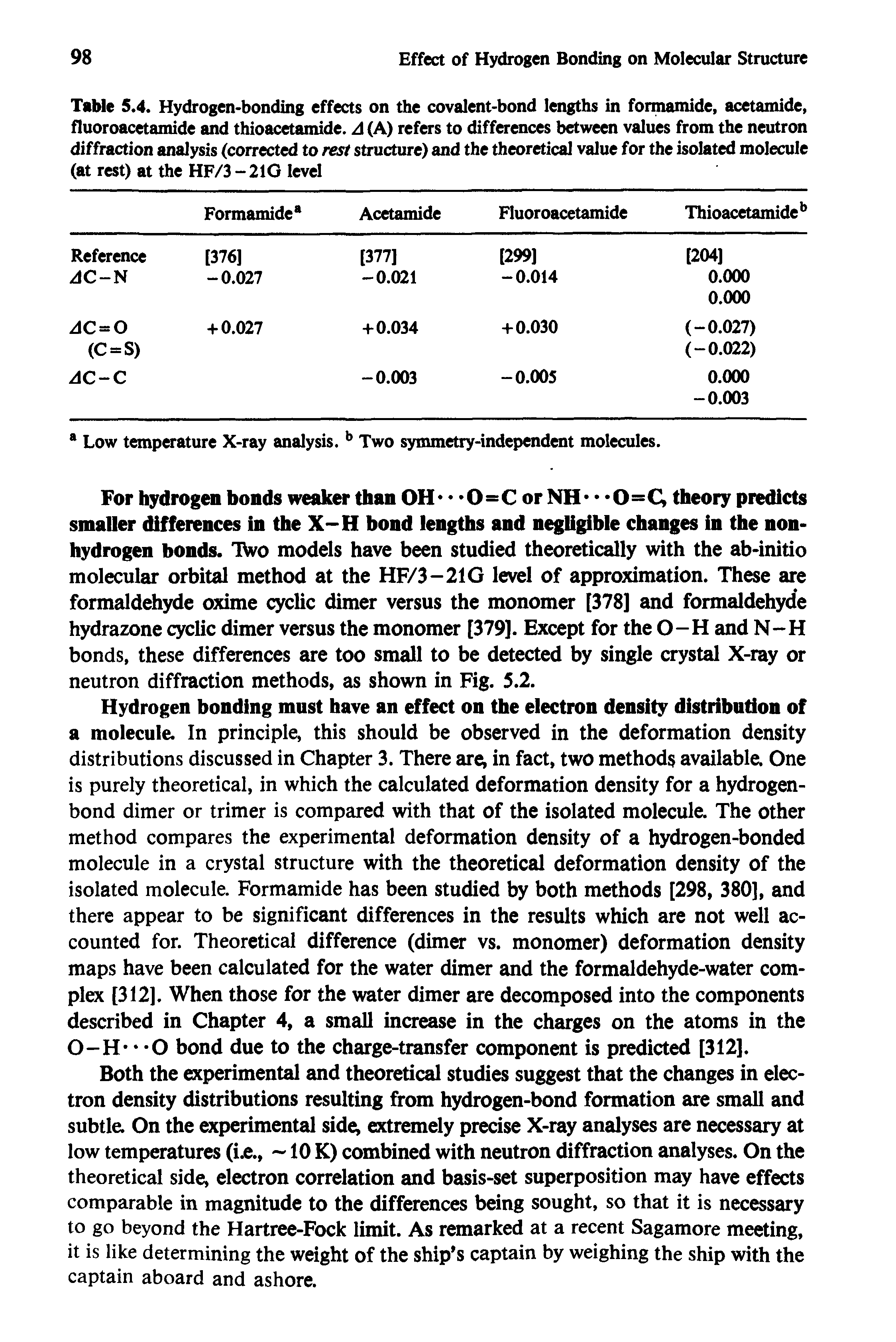 Table 5.4. Hydrogen-bonding effects on the covalent-bond lengths in formamide, acetamide, fluoroacetamide and thioacetamide. A (A) refers to differences between values from the neutron diffraction analysis (corrected to rest structure) and the theoretical value for the isolated molecule (at rest) at the HF/3 - 210 level...