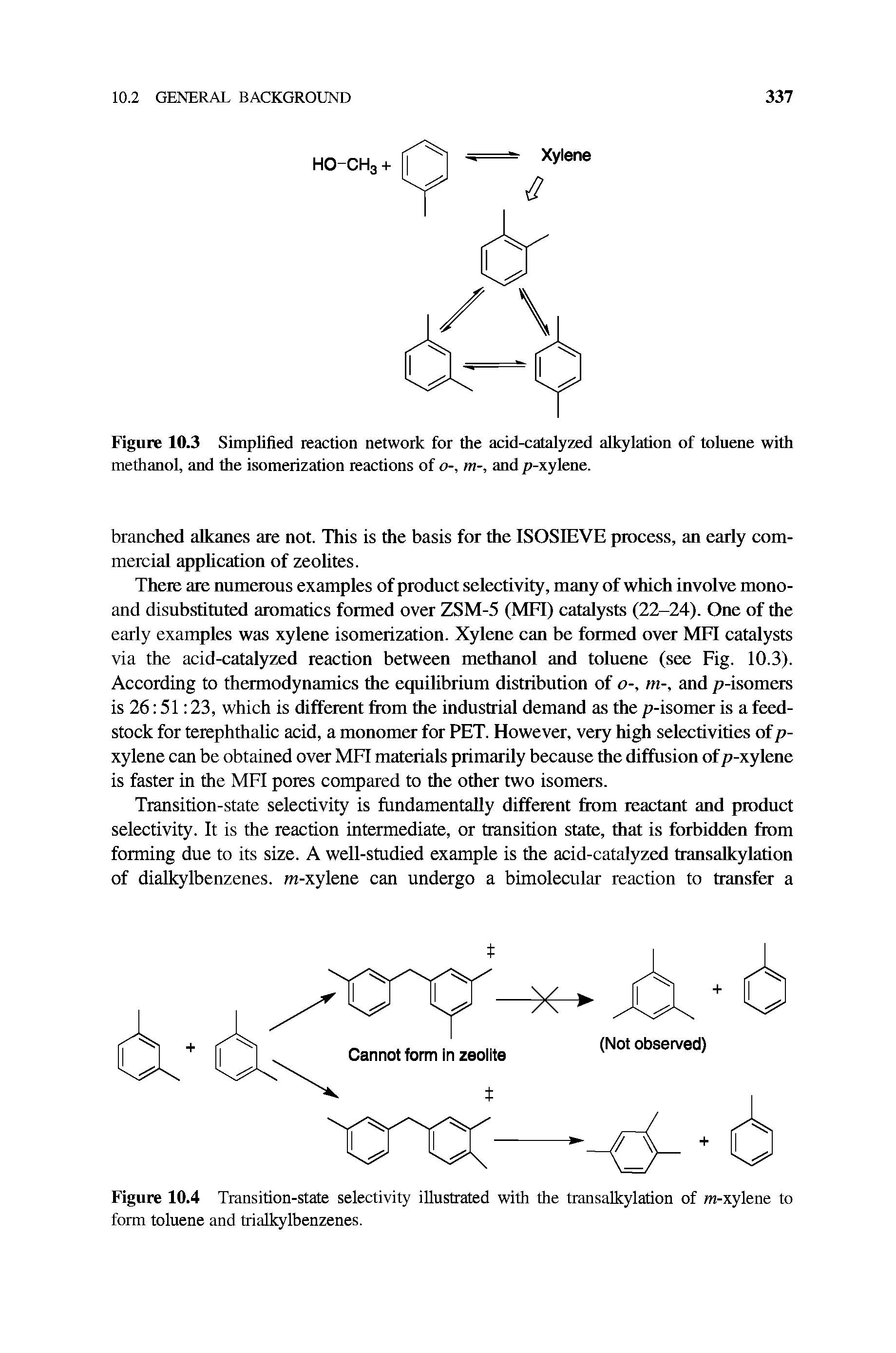 Figure 10.3 Simplified reaction network for the acid-catalyzed alkylation of toluene with methanol, and the isomerization reactions of o-, m-, and p-xylene.