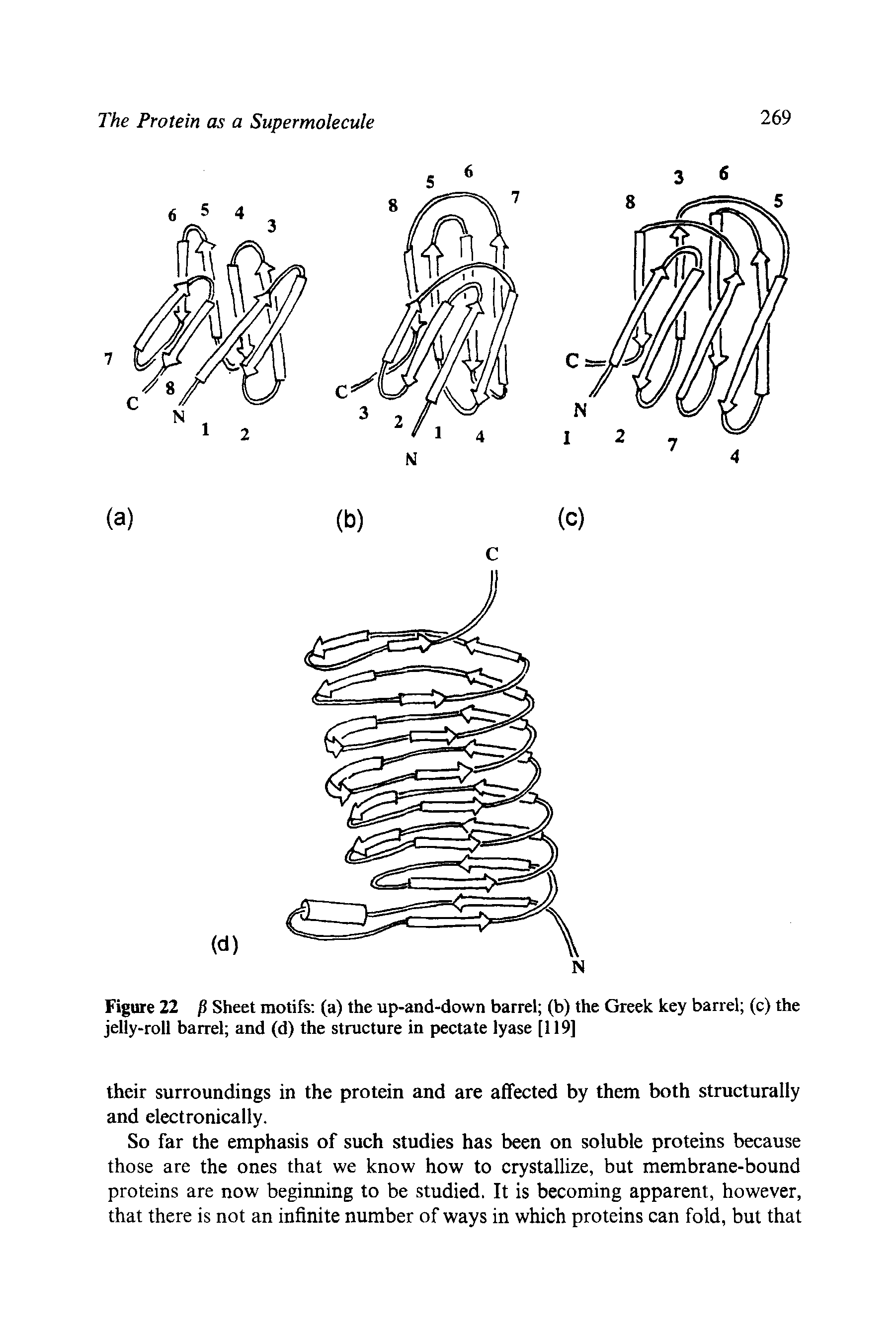 Figure 22 Sheet motifs (a) the up-and-down barrel (b) the Greek key barrel (c) the jelly-roll barrel and (d) the structure in pectate lyase [119]...