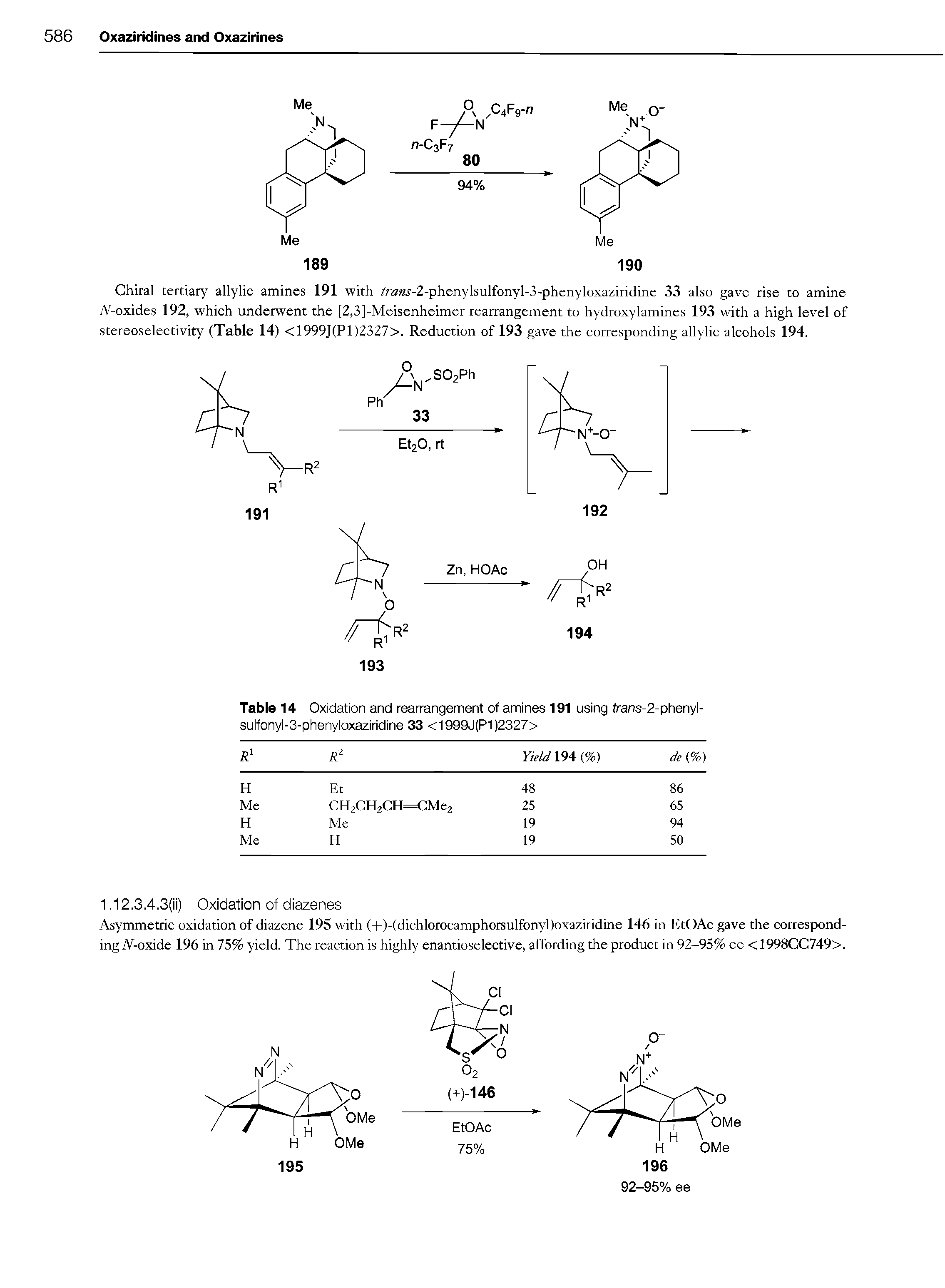Table 14 Oxidation and rearrangement of amines 191 using frar)s-2-phenyi-suifonyi-3-phenyioxaziridine 33 <1999J(P1)2327>...