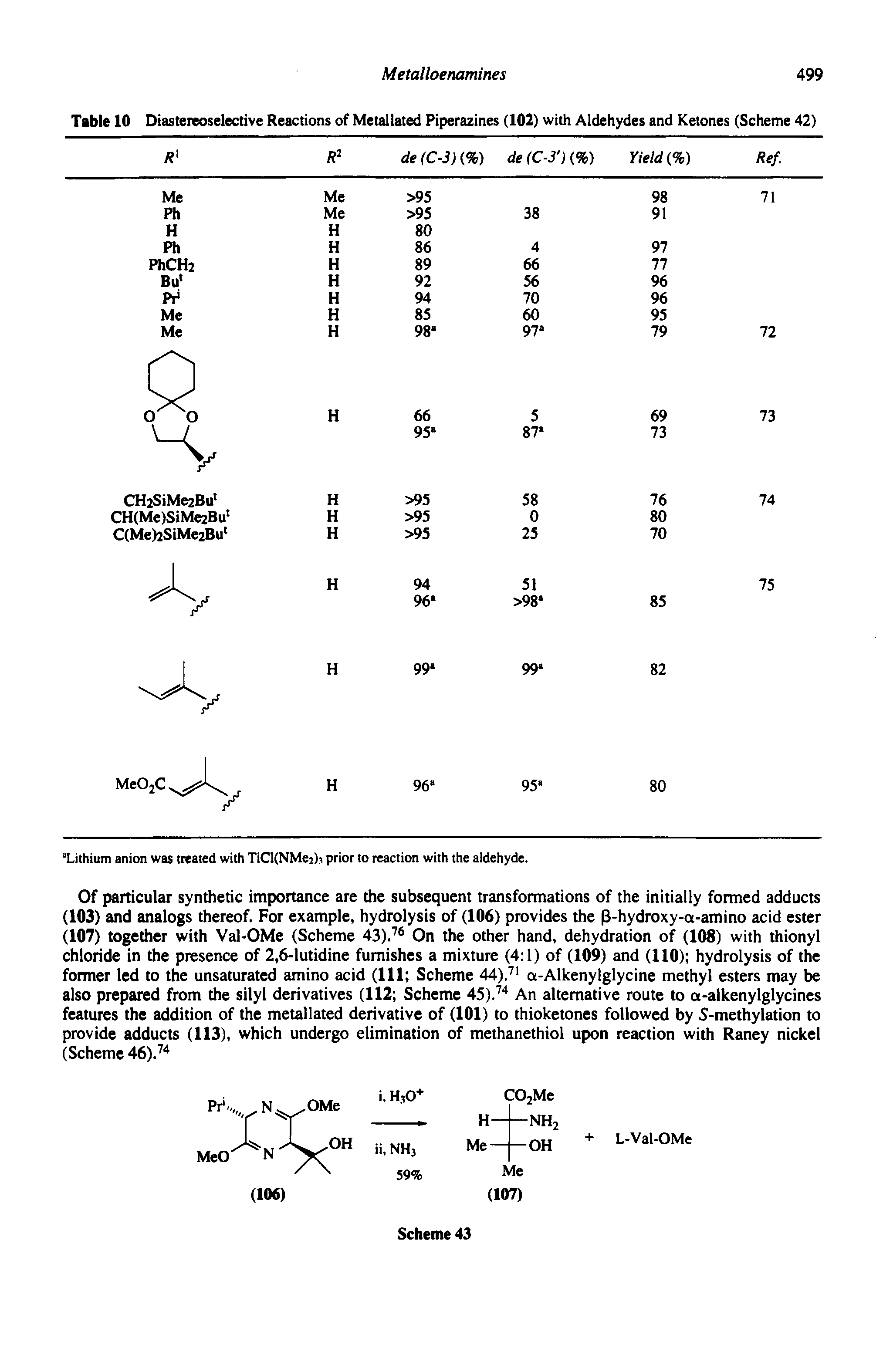 Table 10 Diastereoselective Reactions of Metallated Piperazines (102) with Aldehydes and Ketones (Scheme 42)...