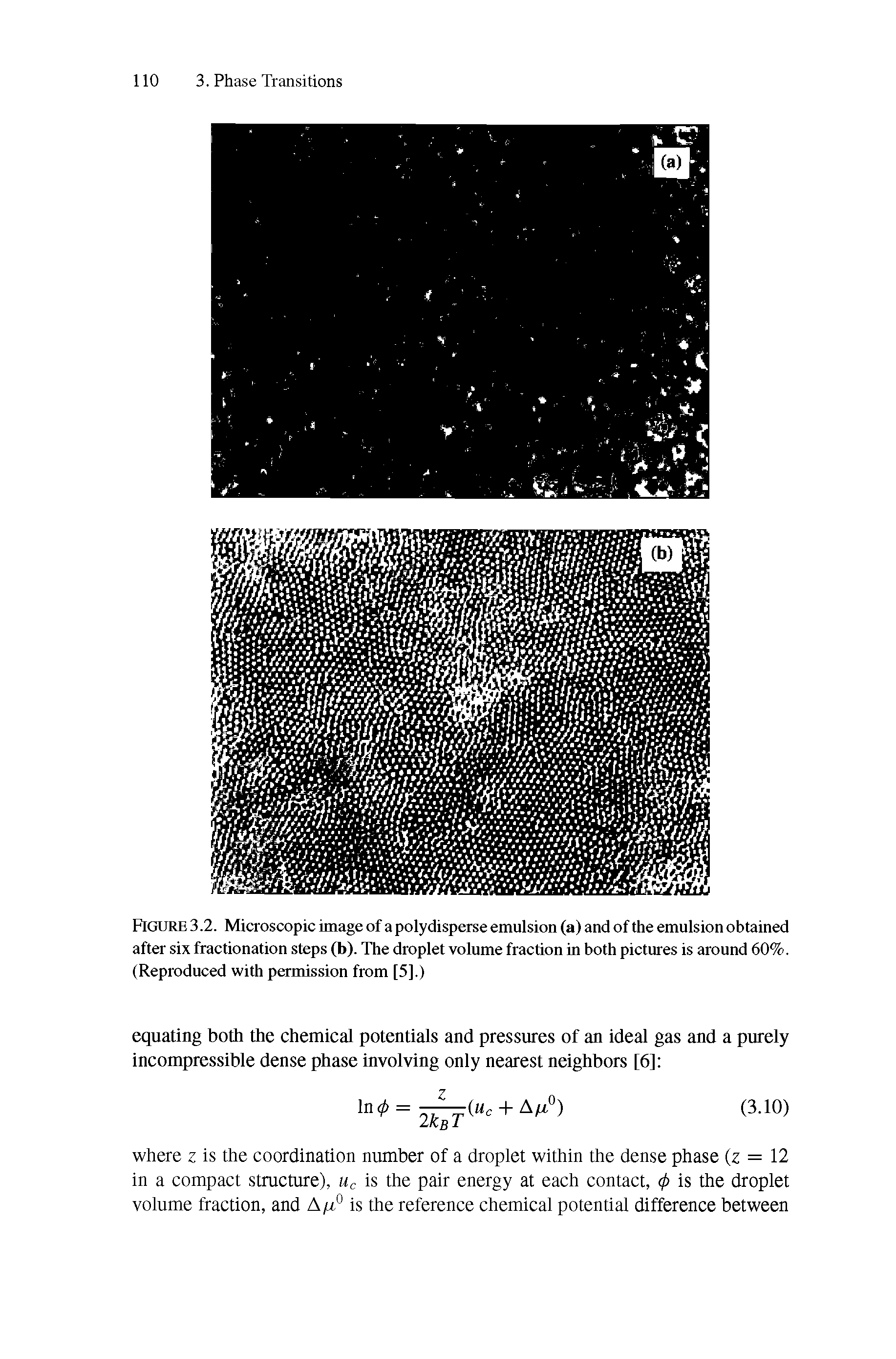 Figure 3.2. Microscopic image of a polydisperse emulsion (a) and of the emulsion obtained after six fractionation steps (b). The droplet volume fraction in both pictures is around 60%. (Reproduced with permission from [5].)...