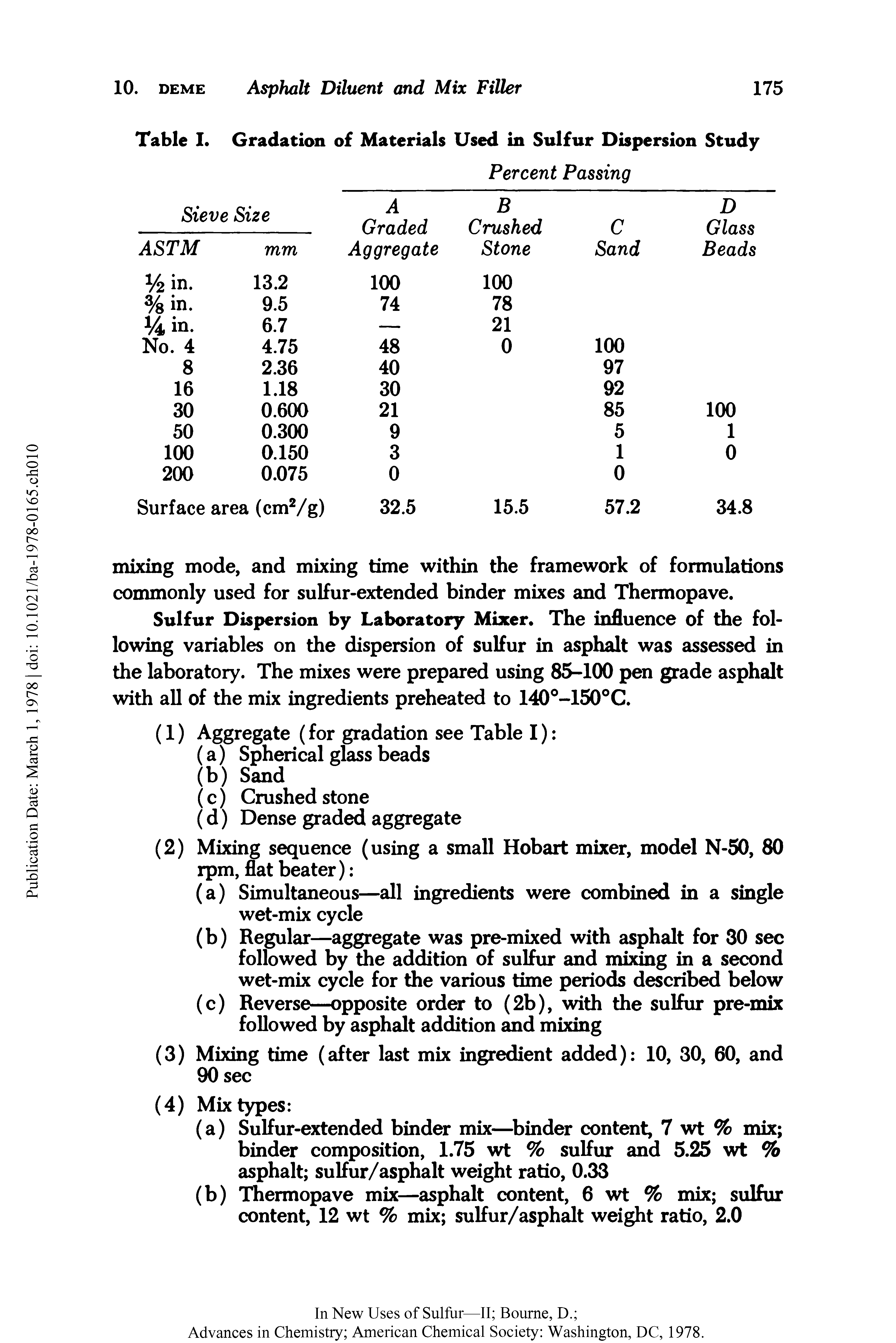Table I. Gradation of Materials Used in Sulfur Dispersion Study...