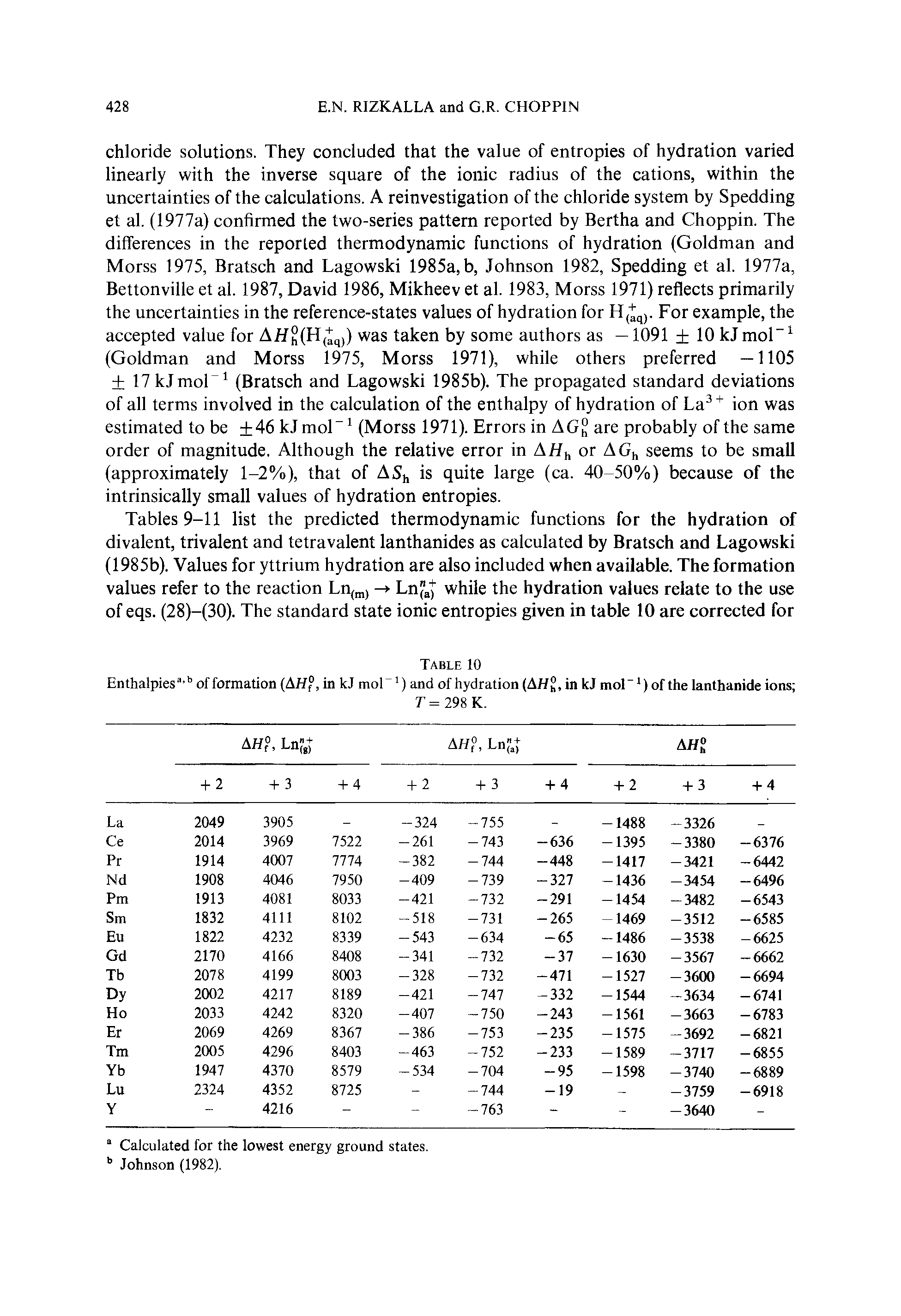Tables 9-11 list the predicted thermodynamic functions for the hydration of divalent, trivalent and tetravalent lanthanides as calculated by Bratsch and Lagowski (1985b). Values for yttrium hydration are also included when available. The formation values refer to the reaction Ln, Ln"a while the hydration values relate to the use of eqs. (28)-(30). The standard state ionic entropies given in table 10 are corrected for...