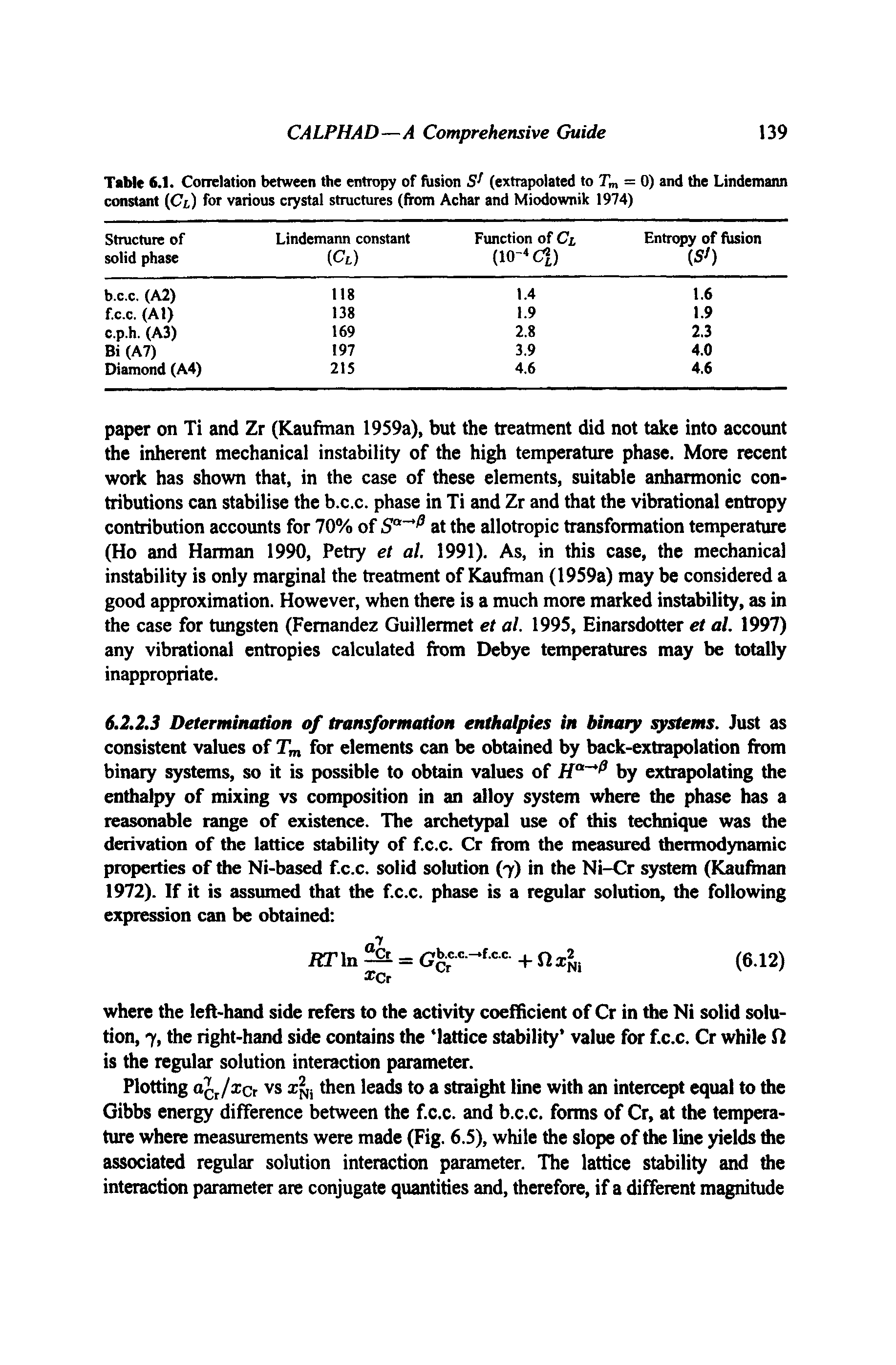 Table 6.1. Correlation between the entropy of fusion (extrapolated to Tm = 0) and the Lindemaim constant (C/,) for various crystal structures (from Achar and Miodownik 1974)...