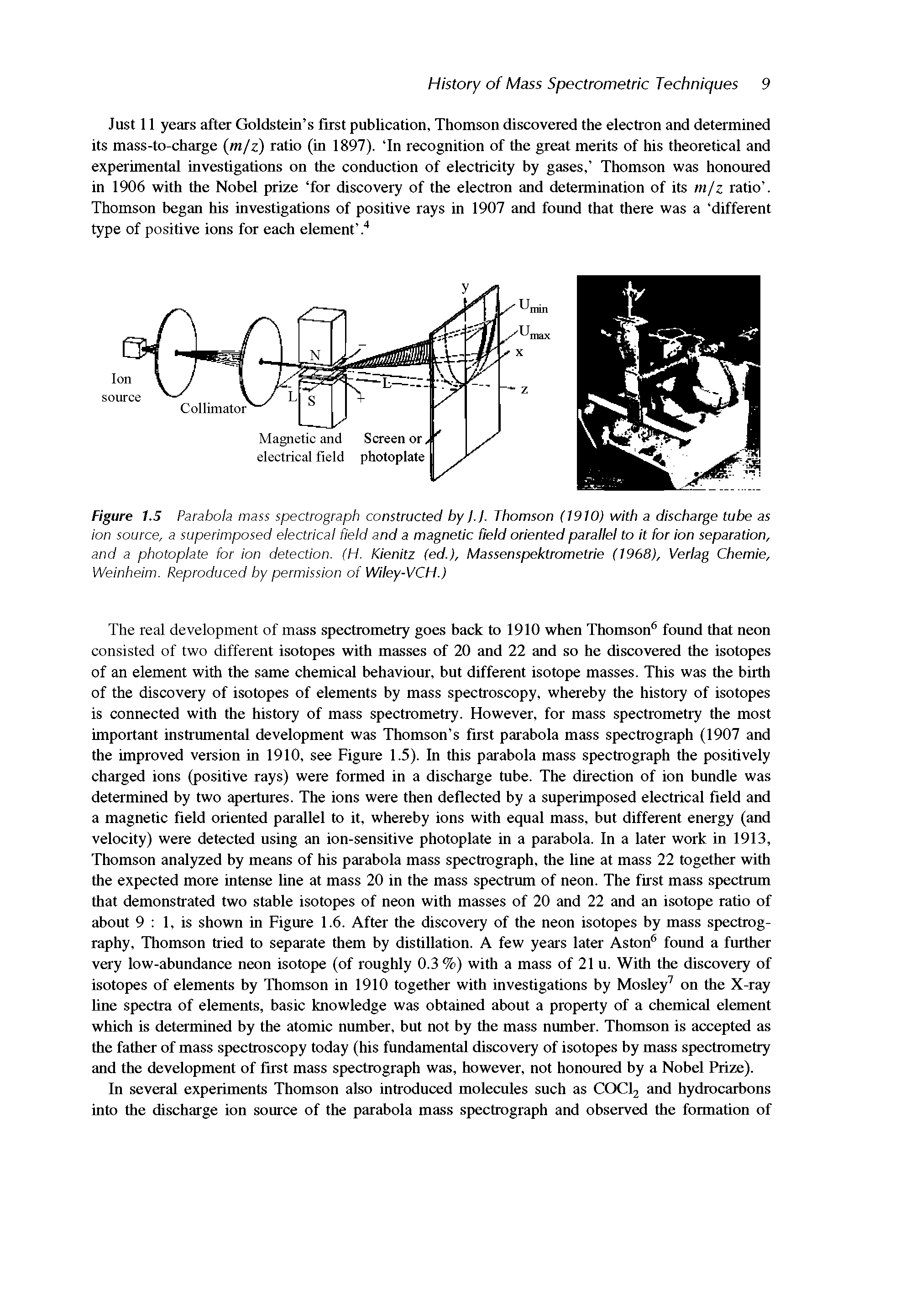 Figure 1.5 Parabola mass spectrograph constructed bylJ. Thomson (1910) with a discharge tube as ion source, a superimposed electrical field and a magnetic field oriented parallel to it for ion separation, and a photoplate for ion detection. (H. Kienitz (ed.), Massenspektrometrie (1968), Verlag Chemie, Weinheim. Reproduced by permission of Wiley-VCH.)...