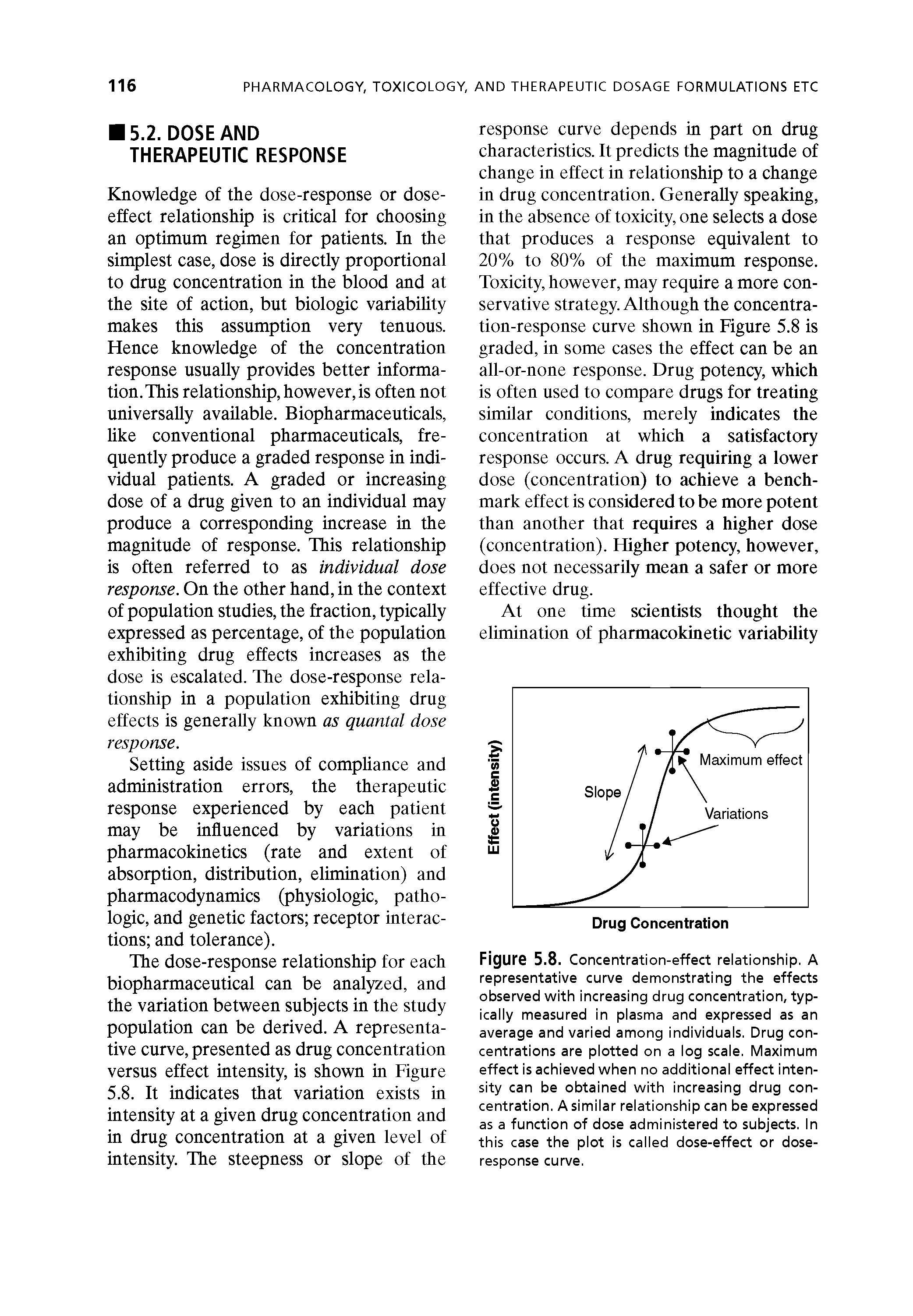 Figure 5.8. Concentration-effect relationship. A representative curve demonstrating the effects observed with increasing drug concentration, typ-icaiiy measured in piasma and expressed as an average and varied among individuais. Drug concentrations are piotted on a iog scaie. Maximum effect is achieved when no additionai effect intensity can be obtained with increasing drug concentration. A simiiar reiationship can be expressed as a function of dose administered to subjects, in this case the piot is caiied dose-effect or dose-response curve.