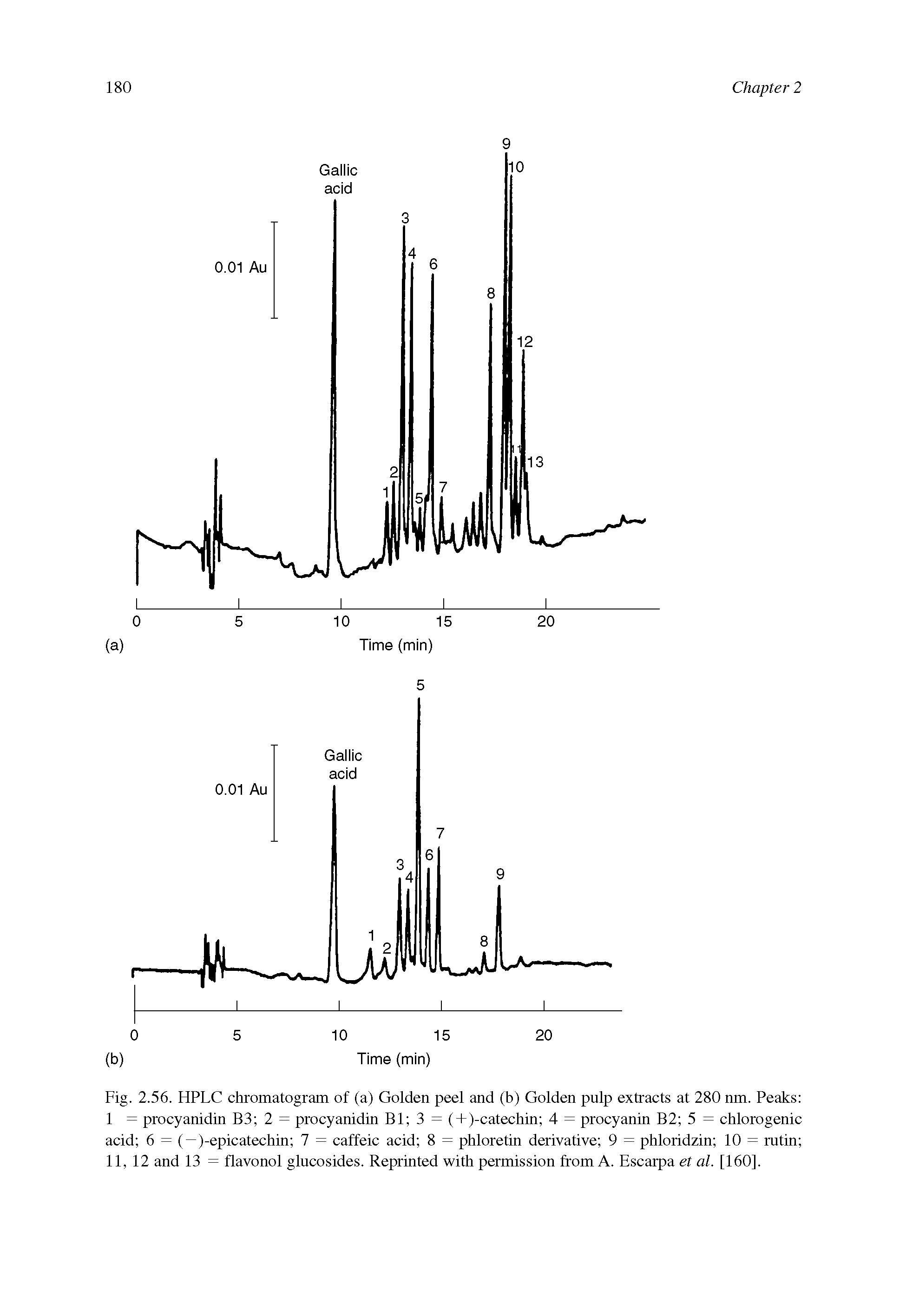 Fig. 2.56. HPLC chromatogram of (a) Golden peel and (b) Golden pulp extracts at 280 nm. Peaks 1 = procyanidin B3 2 = procyanidin Bl 3 = ( + )-catechin 4 = procyanin B2 5 = chlorogenic acid 6 = ( — )-epicatechin 7 = caffeic acid 8 = phloretin derivative 9 = phloridzin 10 = rutin 11, 12 and 13 = flavonol glucosides. Reprinted with permission from A. Escarpa et al. [160].