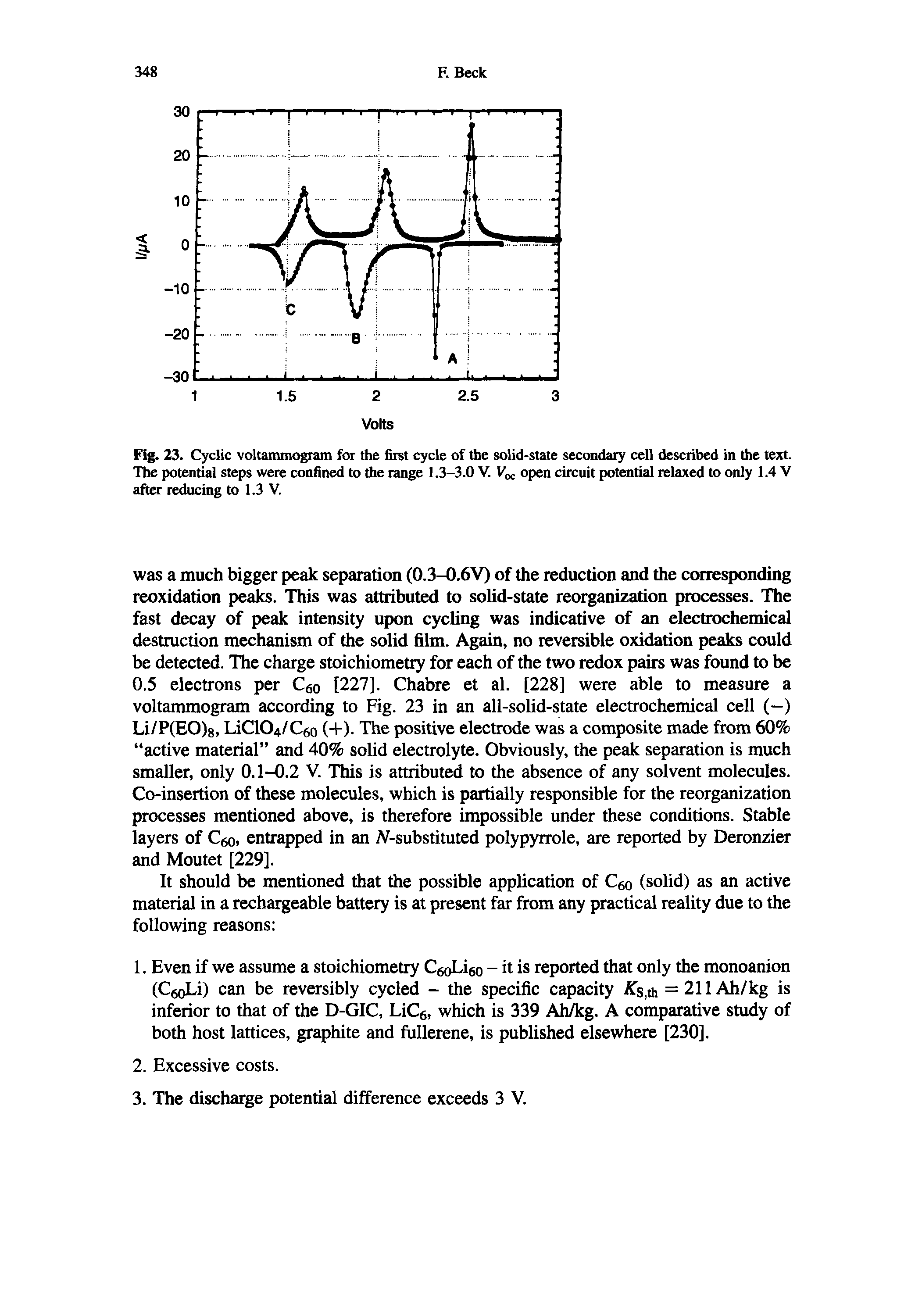 Fig. 23. Cyclic voltammogram for the first cycle of the solid-state secondary cell described in the text. The potential steps were confined to the range 1.3-3.0 V. Voc open circuit potential relaxed to only 1.4 V after reducing to 1.3 V.