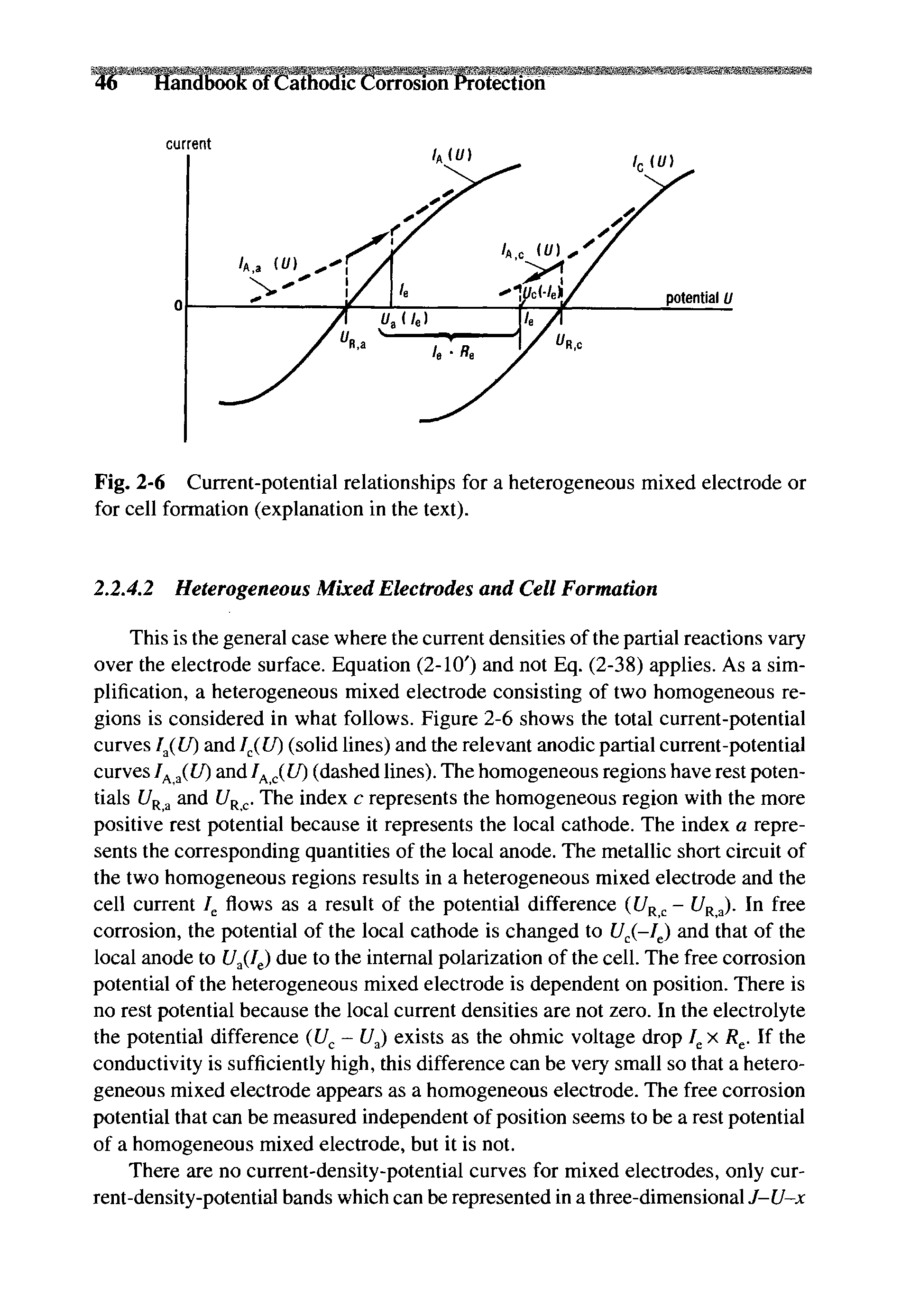 Fig. 2-6 Current-potential relationships for a heterogeneous mixed eleetrode or for eell formation (explanation in the text).