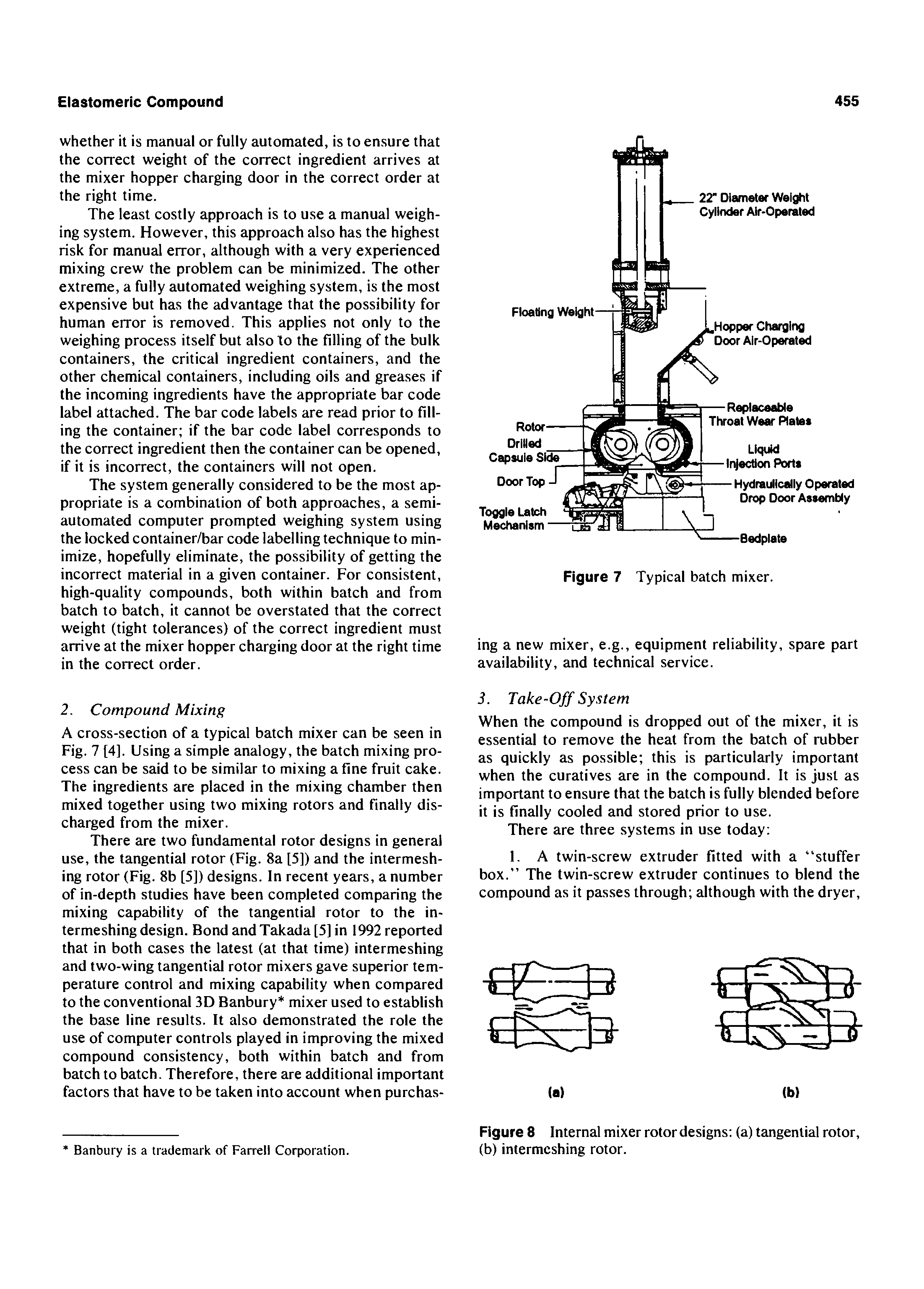Figure 8 Internal mixer rotor designs (a) tangential rotor, (b) intermeshing rotor.