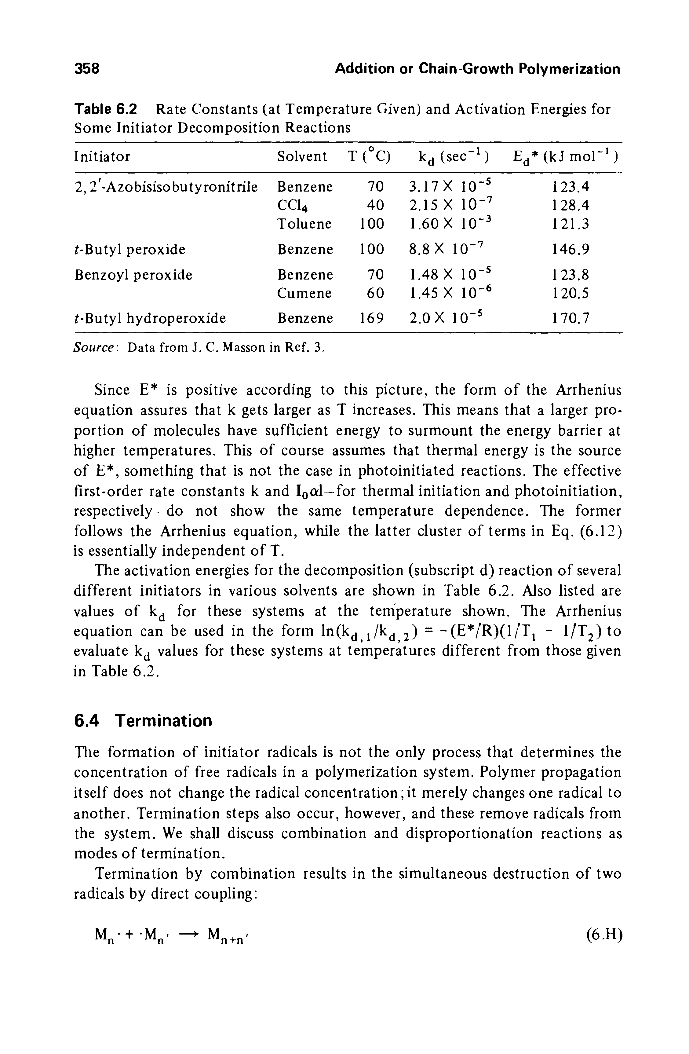 Table 6.2 Rate Constants (at Temperature Given) and Activation Energies for Some Initiator Decomposition Reactions...