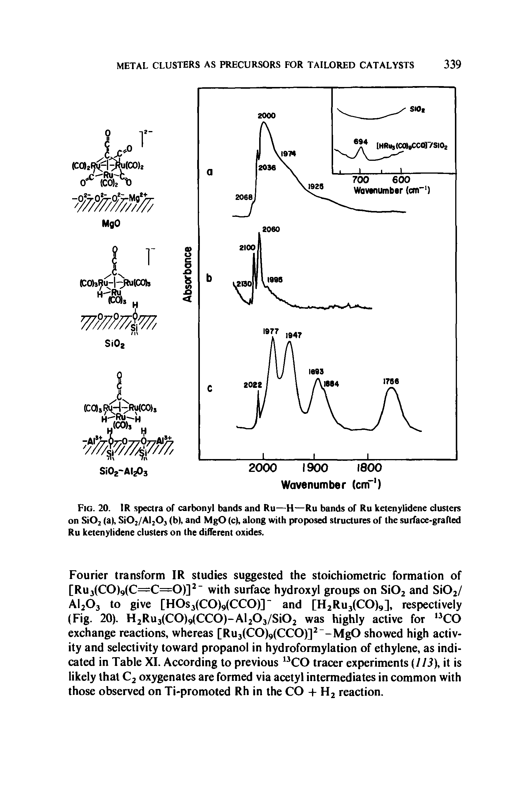 Fig. 20. IR spectra of carbonyl bands and Ru—H—Ru bands ol Ru ketenylidene clusters on SiOj (a), SiOj/AIjO, (b), and MgO (c), along with proposed structures ol the surface-graRed Ru ketenylidene clusters on the diflerent oxides.